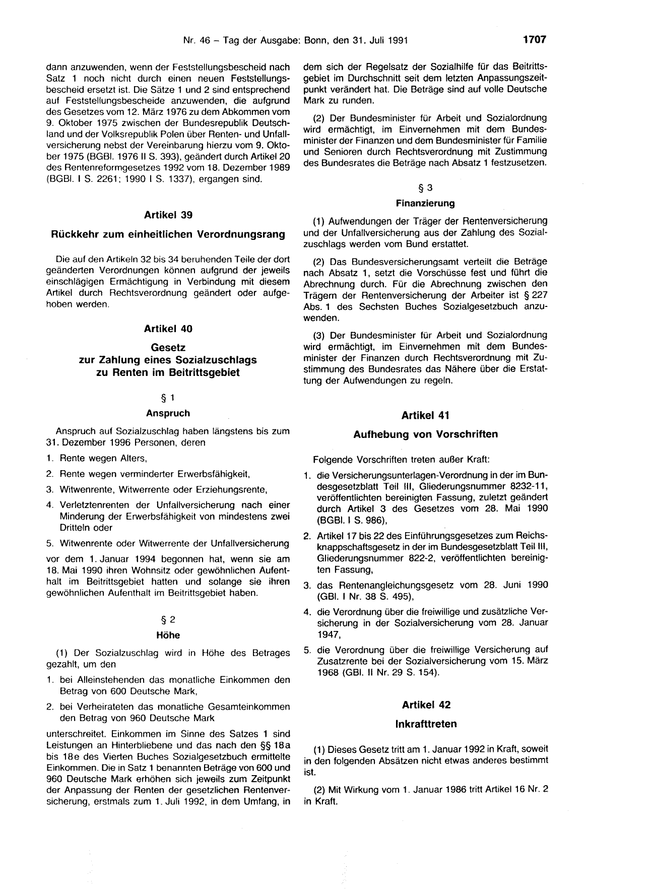 BGBl. 1991, Seite 1707 — Originalseite als Abbildung