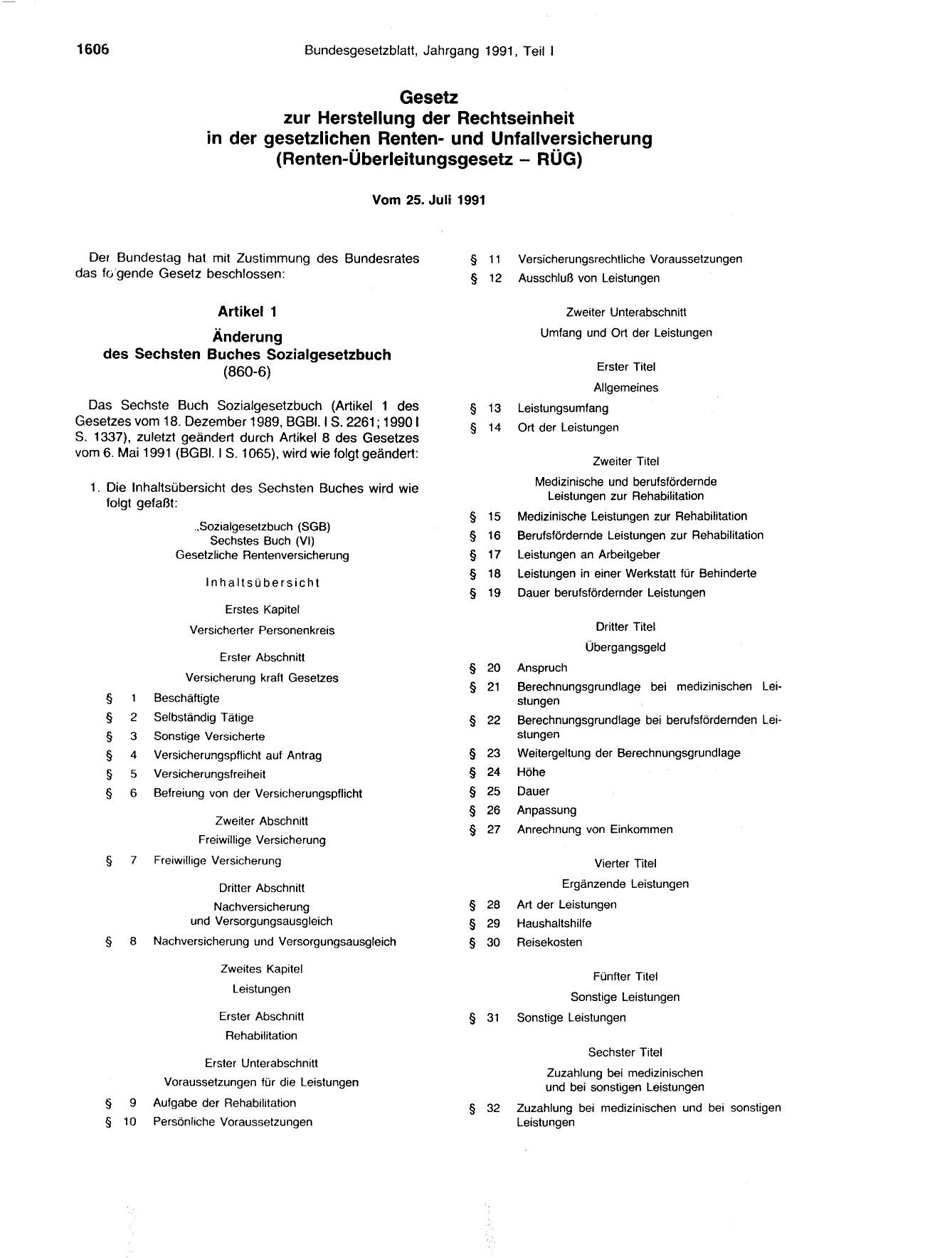 BGBl. 1991, Seite 1606 — Originalseite als Abbildung