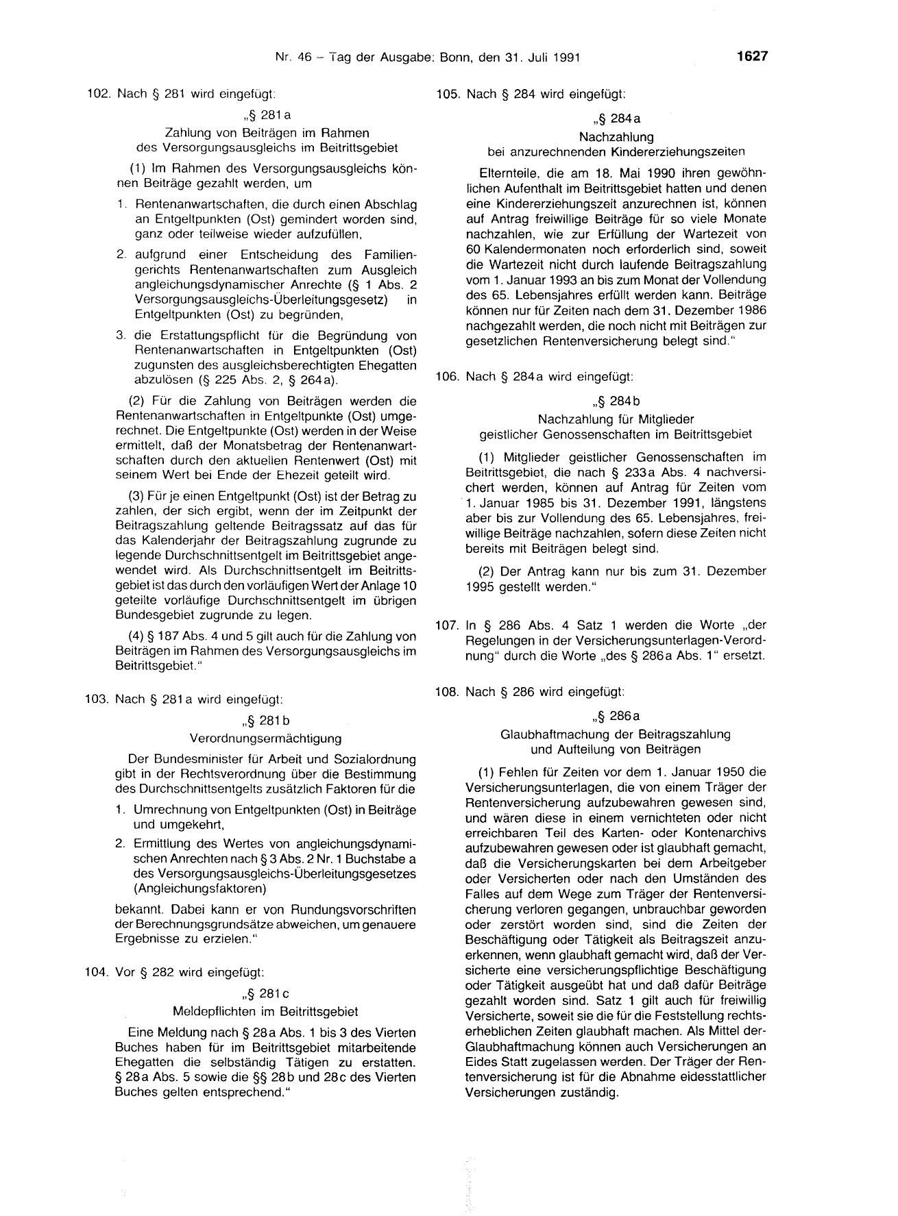 BGBl. 1991, Seite 1627 — Originalseite als Abbildung