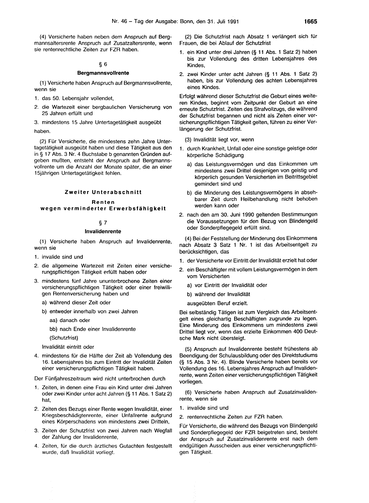 BGBl. 1991, Seite 1665 — Originalseite als Abbildung