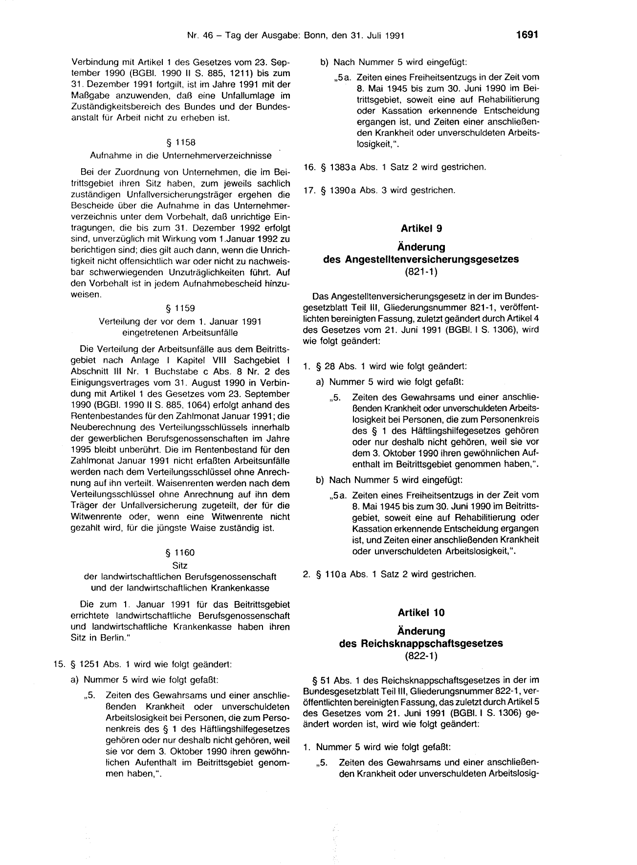 BGBl. 1991, Seite 1691 — Originalseite als Abbildung