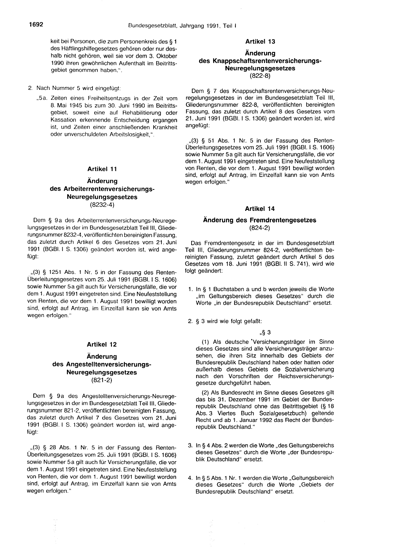BGBl. 1991, Seite 1692 — Originalseite als Abbildung