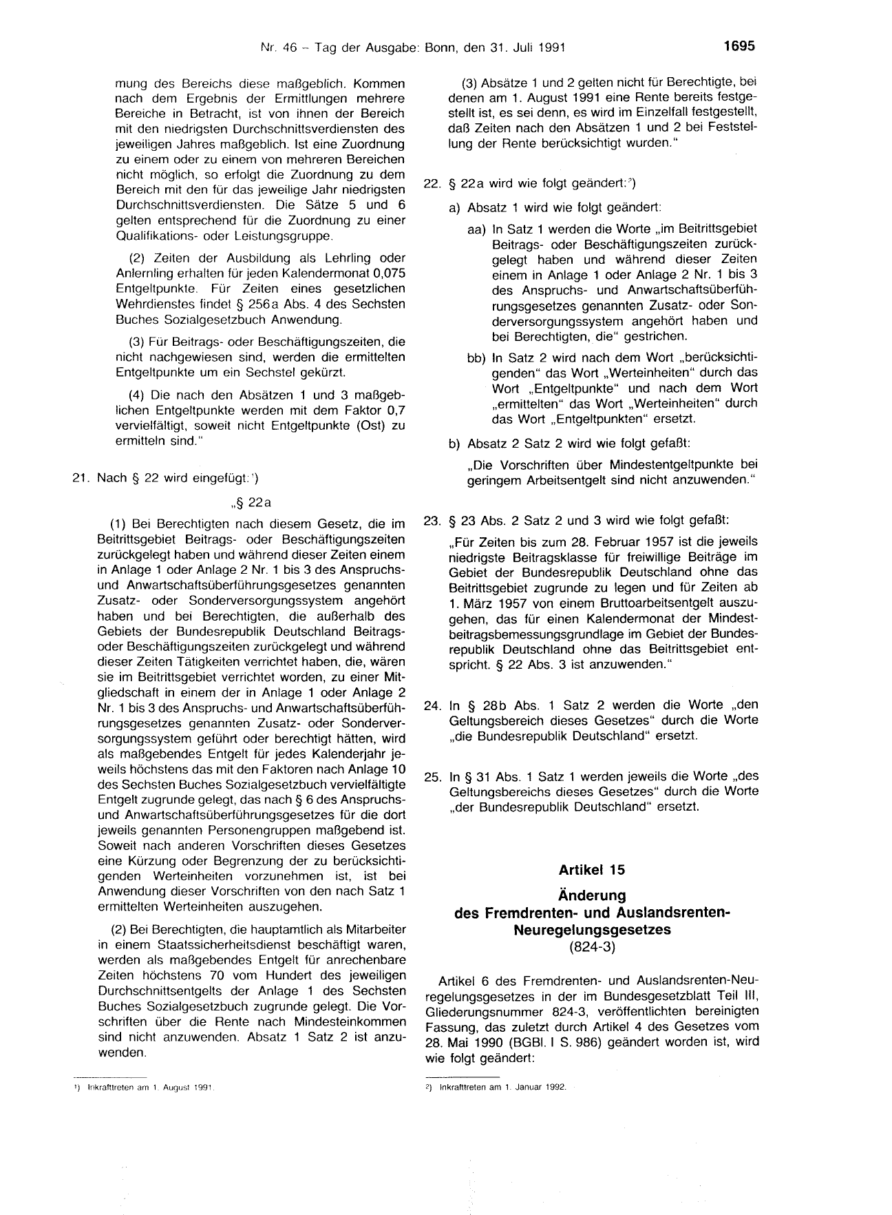 BGBl. 1991, Seite 1695 — Originalseite als Abbildung