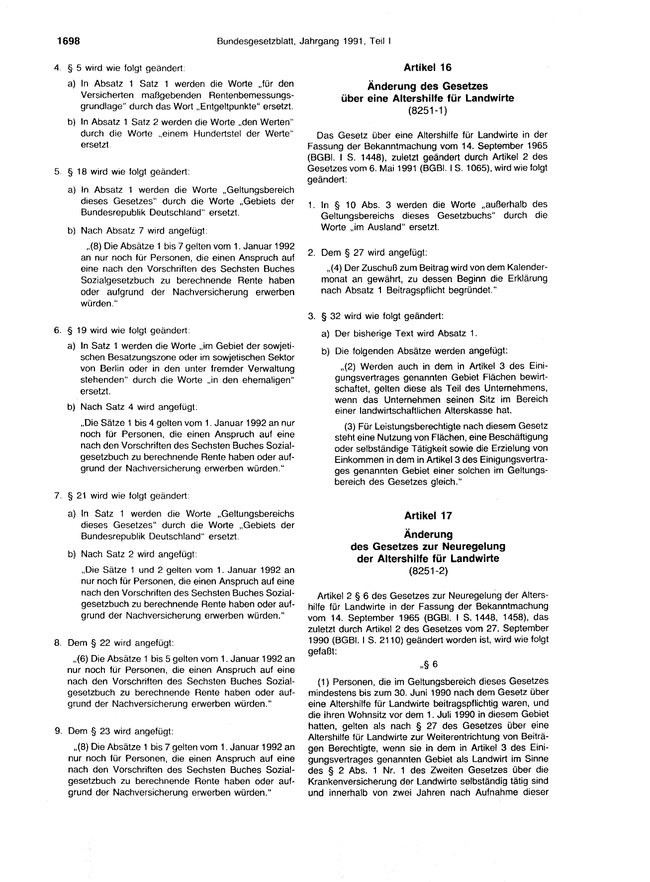 BGBl. 1991, Seite 1698 — Originalseite als Abbildung