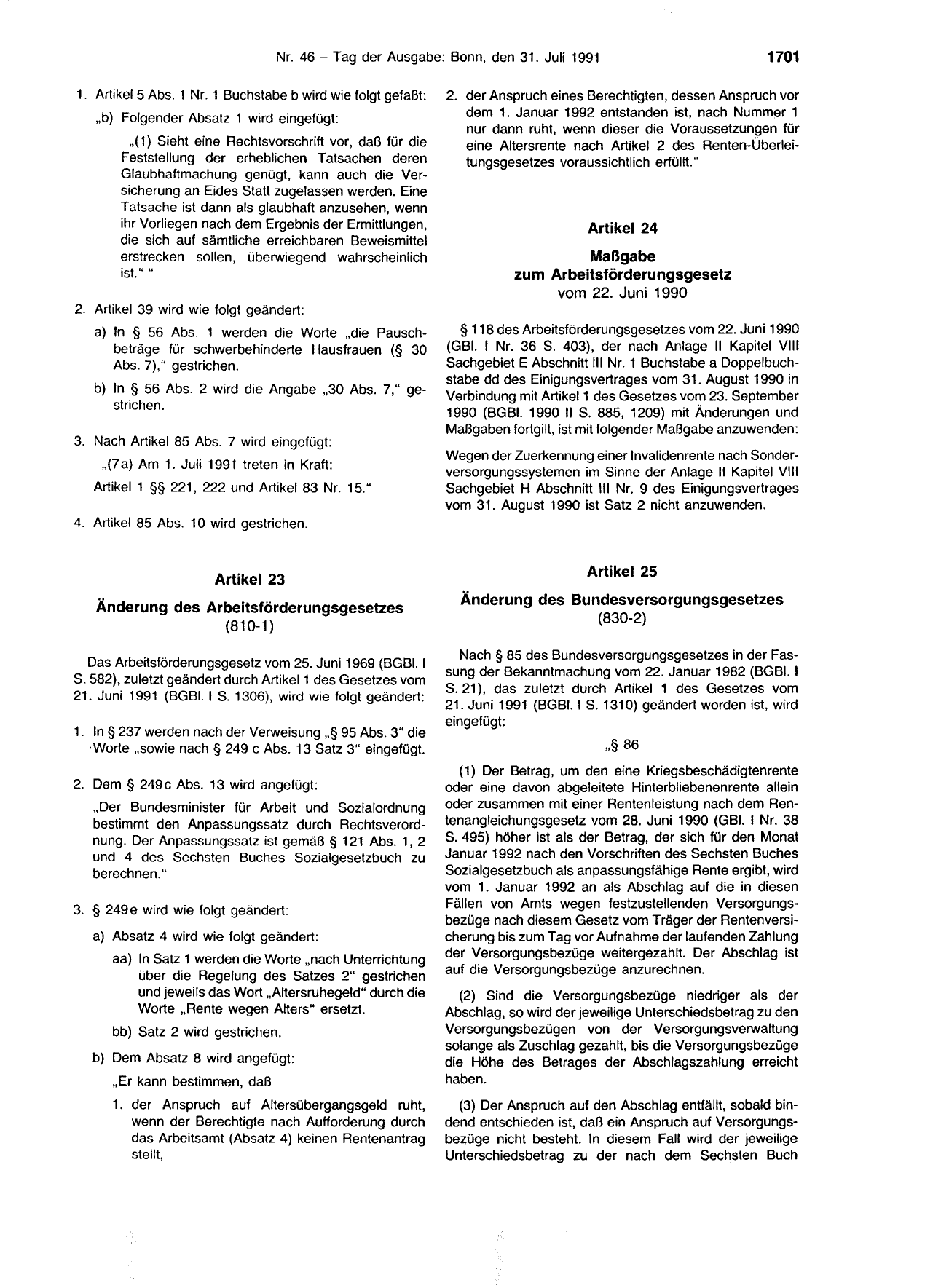 BGBl. 1991, Seite 1701 — Originalseite als Abbildung