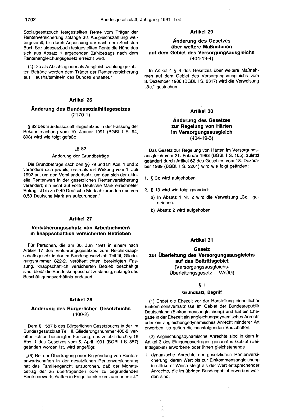 BGBl. 1991, Seite 1702 — Originalseite als Abbildung