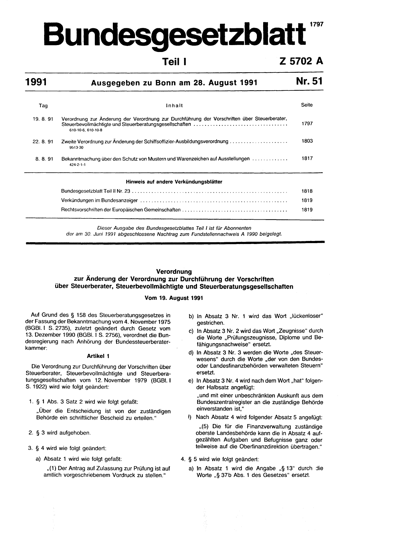 BGBl. 1991, Seite 1797 — Originalseite als Abbildung