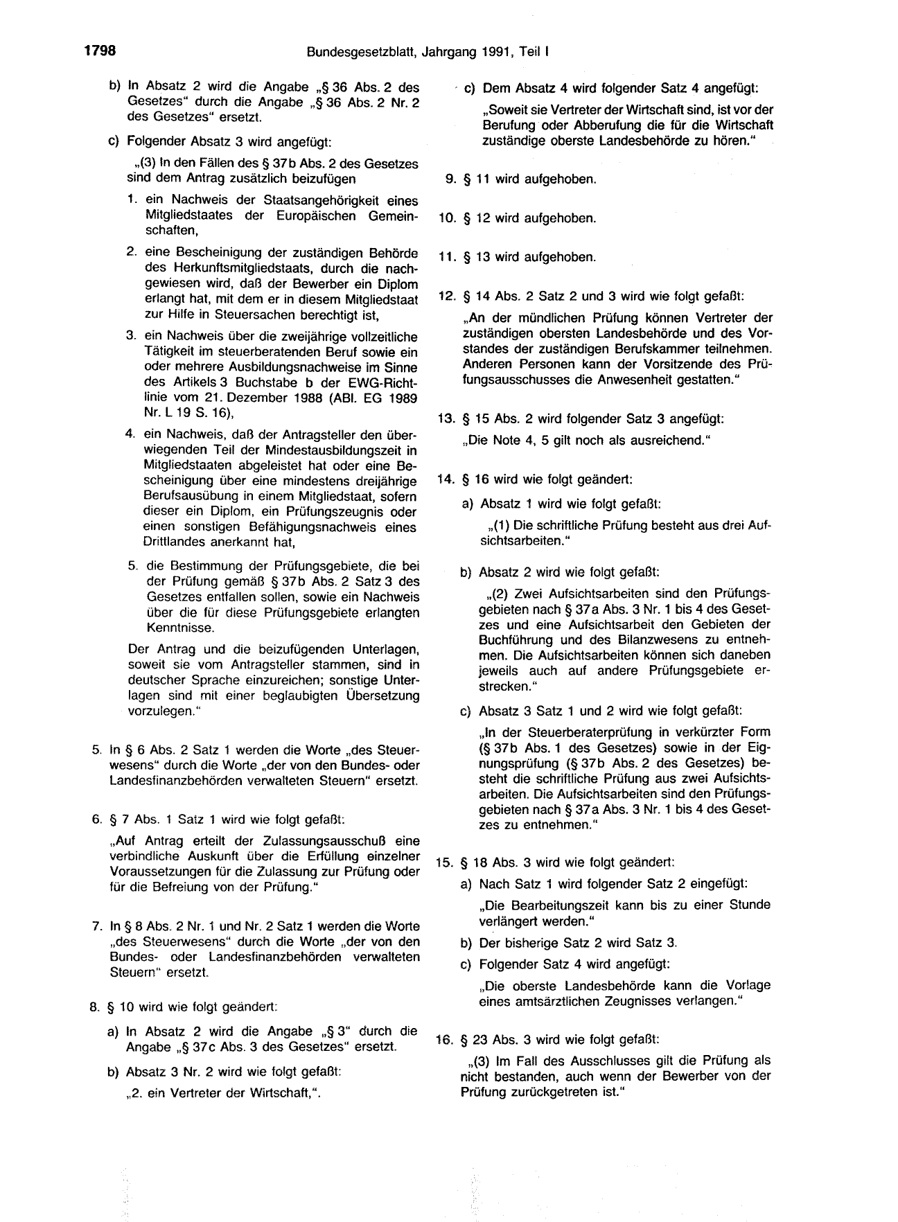 BGBl. 1991, Seite 1798 — Originalseite als Abbildung