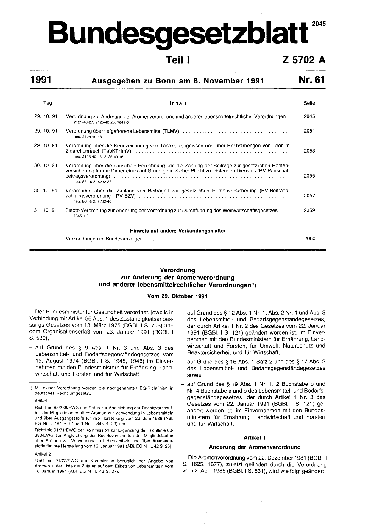 BGBl. 1991, Seite 2045 — Originalseite als Abbildung