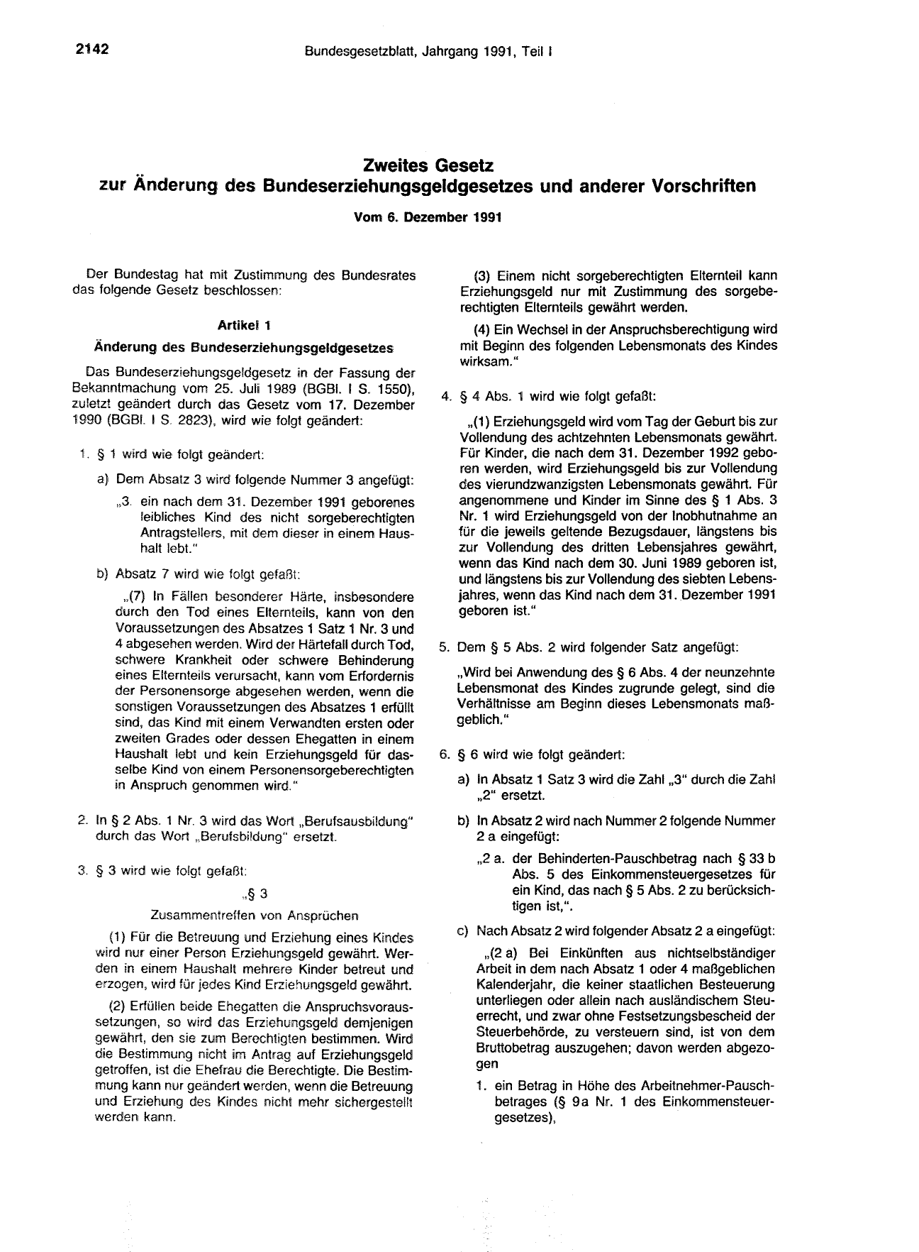BGBl. 1991, Seite 2142 — Originalseite als Abbildung