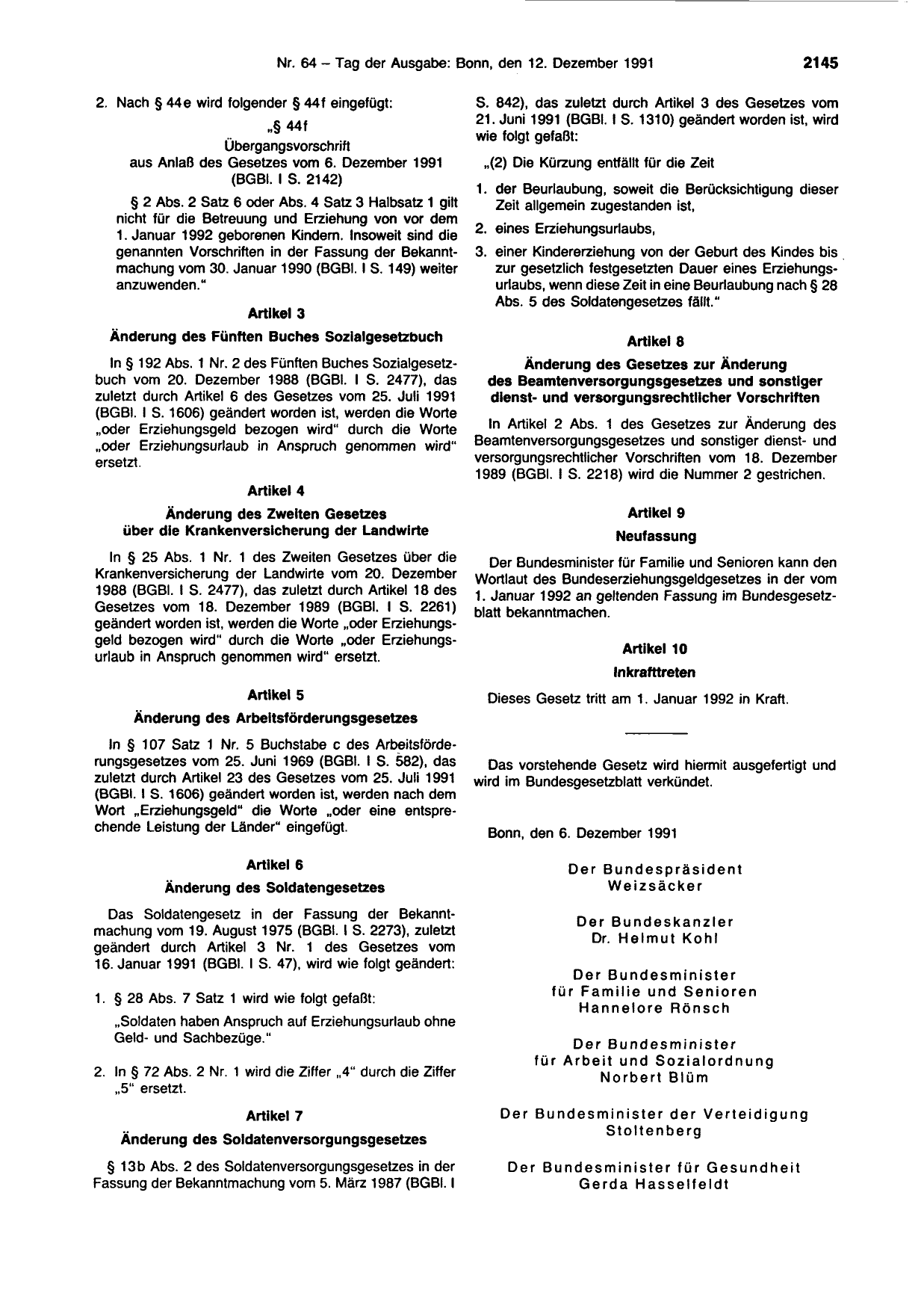 BGBl. 1991, Seite 2145 — Originalseite als Abbildung