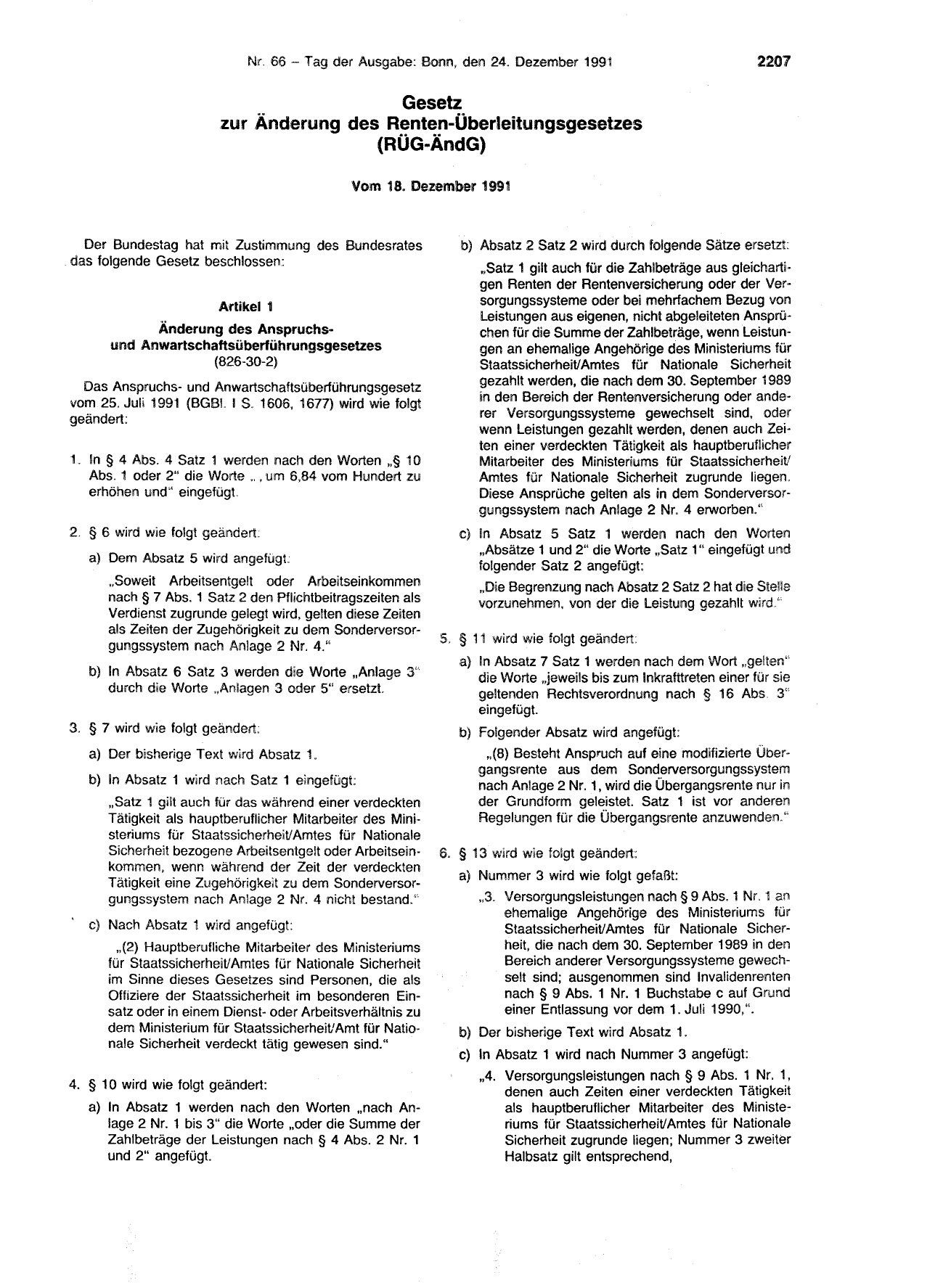 BGBl. 1991, Seite 2207 — Originalseite als Abbildung