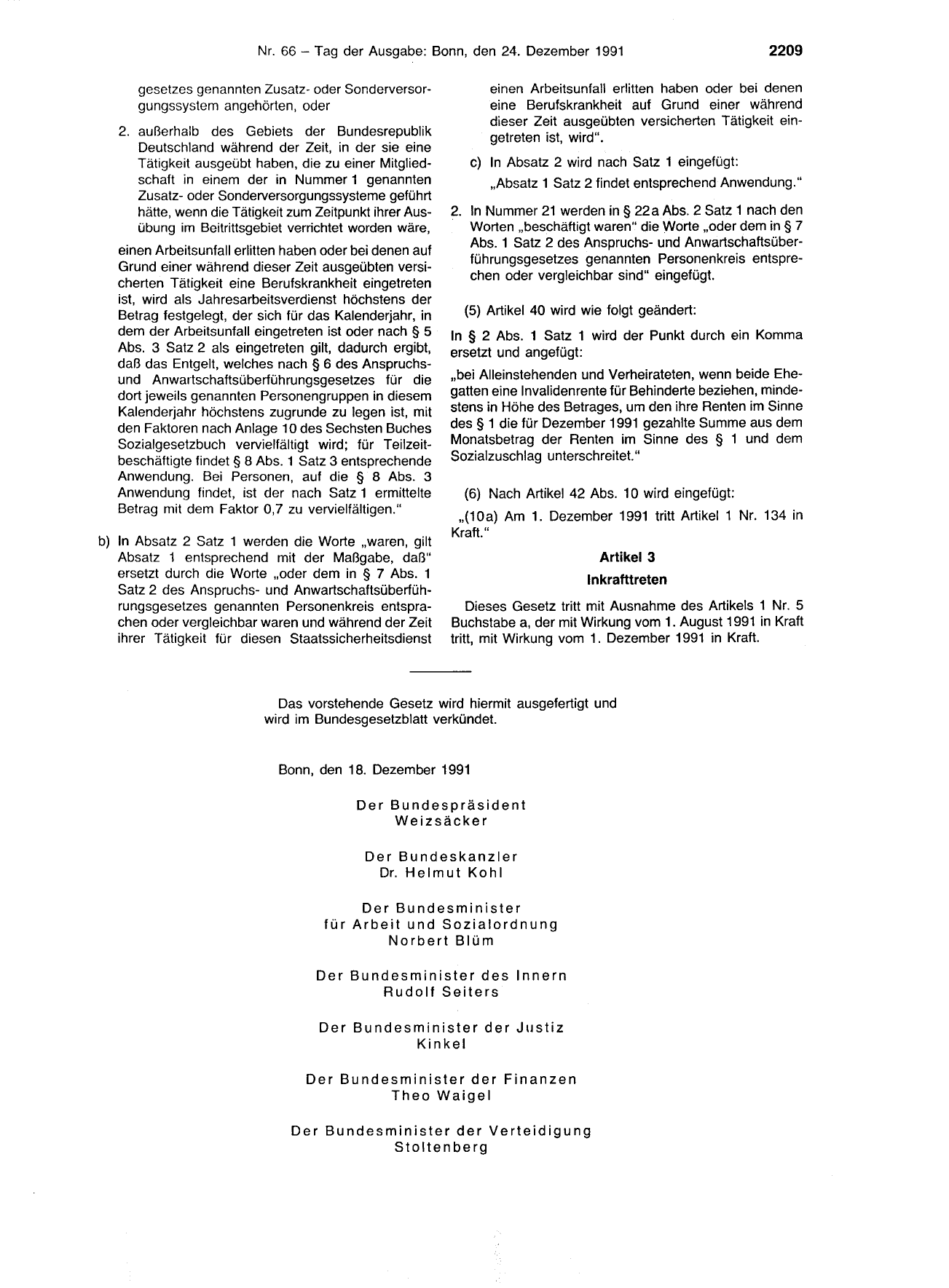 BGBl. 1991, Seite 2209 — Originalseite als Abbildung