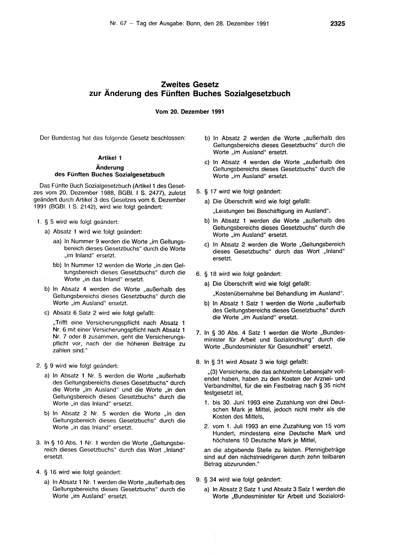BGBl. 1991, Seite 2325 — Originalseite als Abbildung