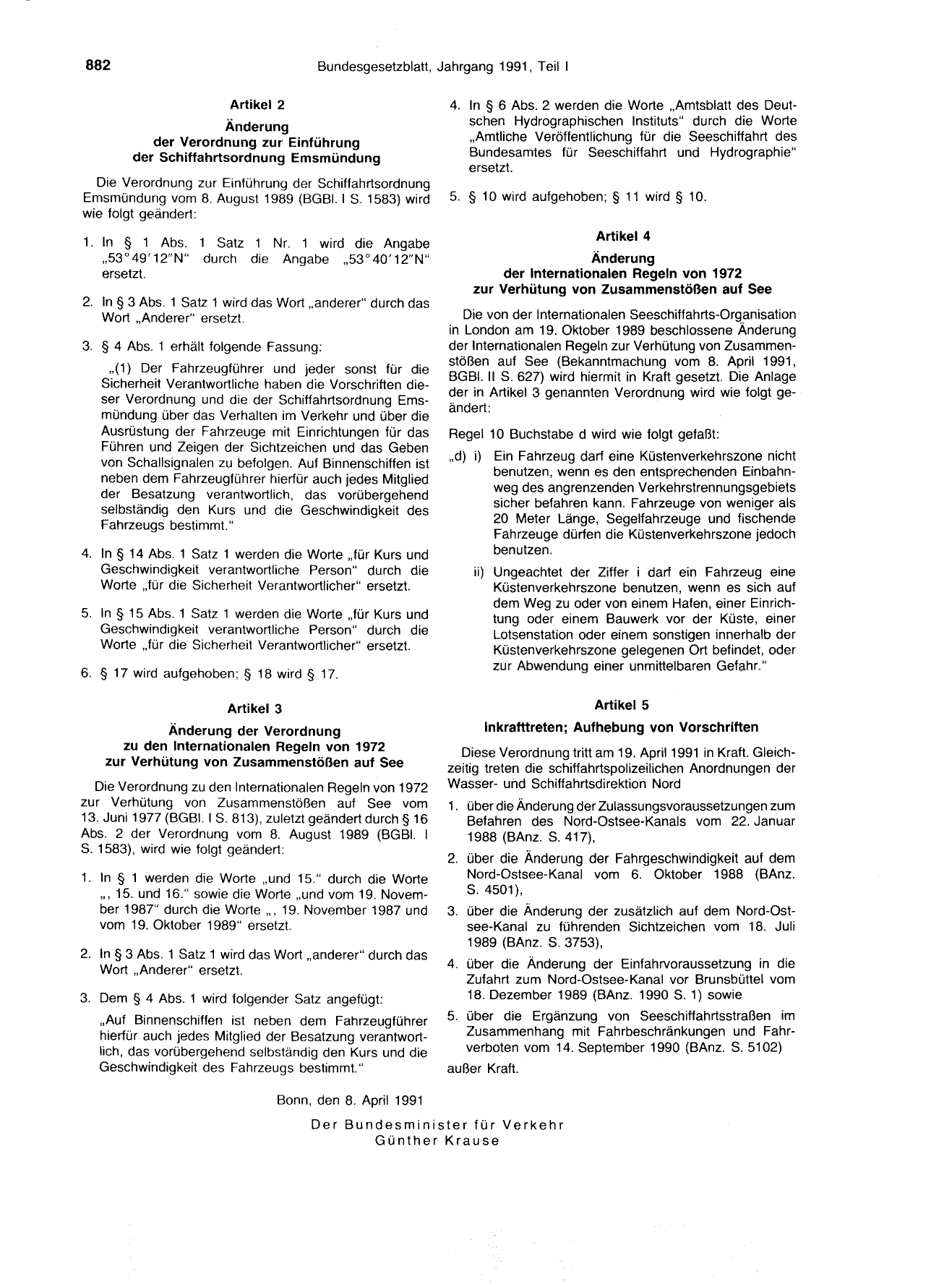 BGBl. 1991, Seite 882 — Originalseite als Abbildung
