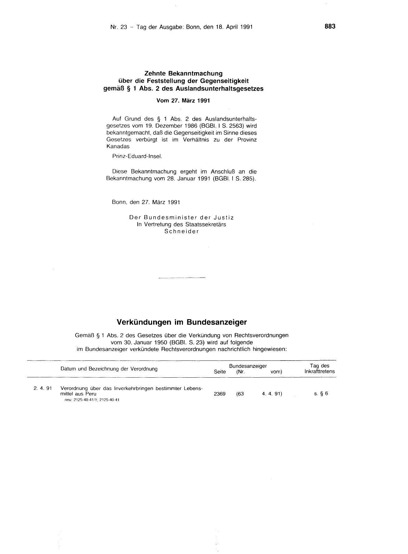 BGBl. 1991, Seite 883 — Originalseite als Abbildung