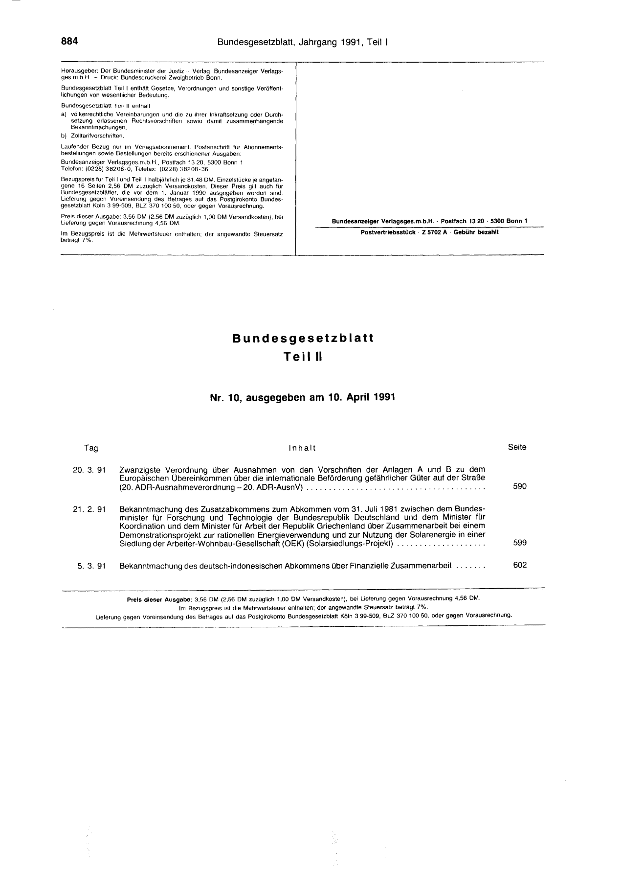 BGBl. 1991, Seite 884 — Originalseite als Abbildung