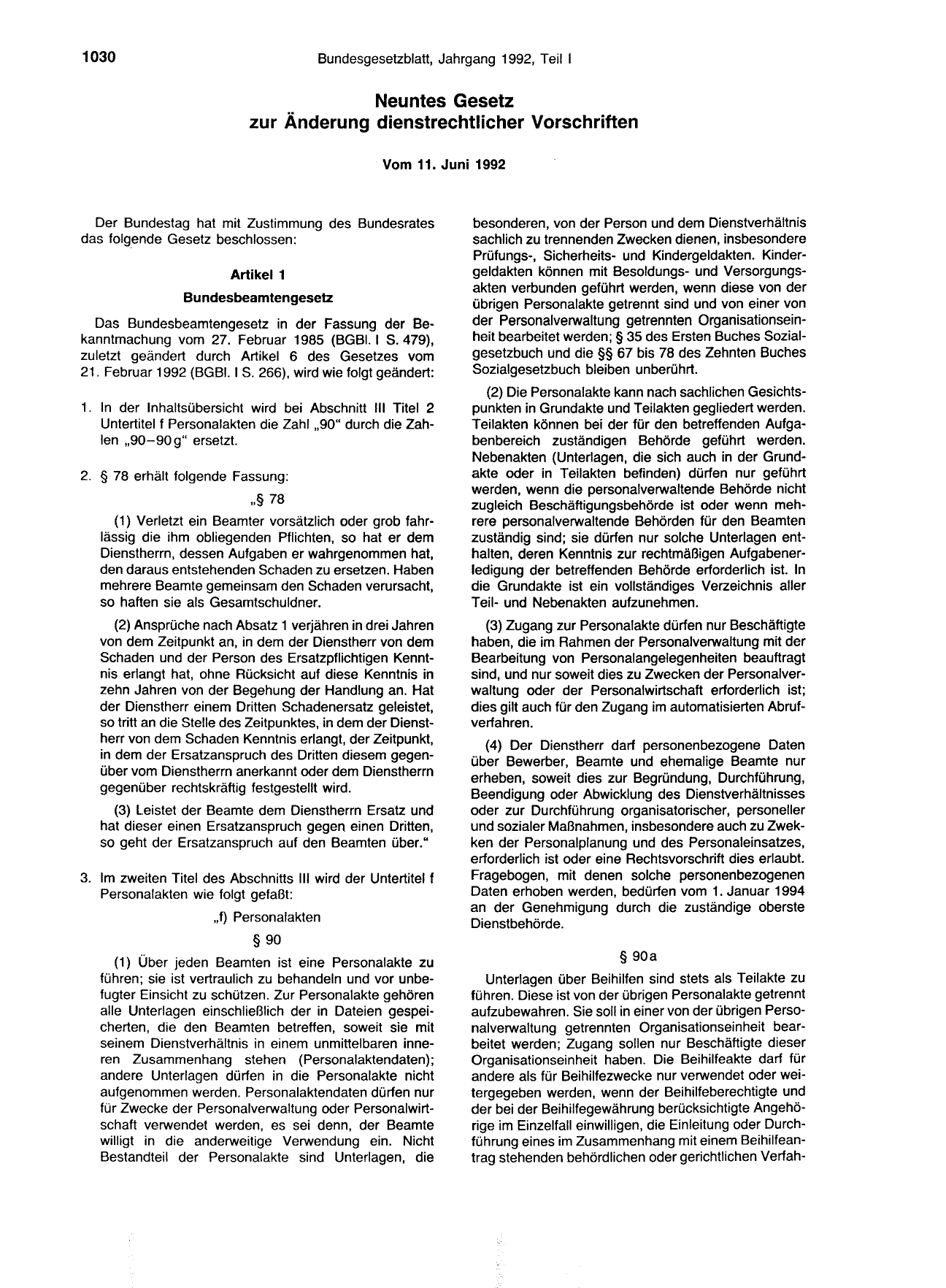 BGBl. 1992, Seite 1030 — Originalseite als Abbildung
