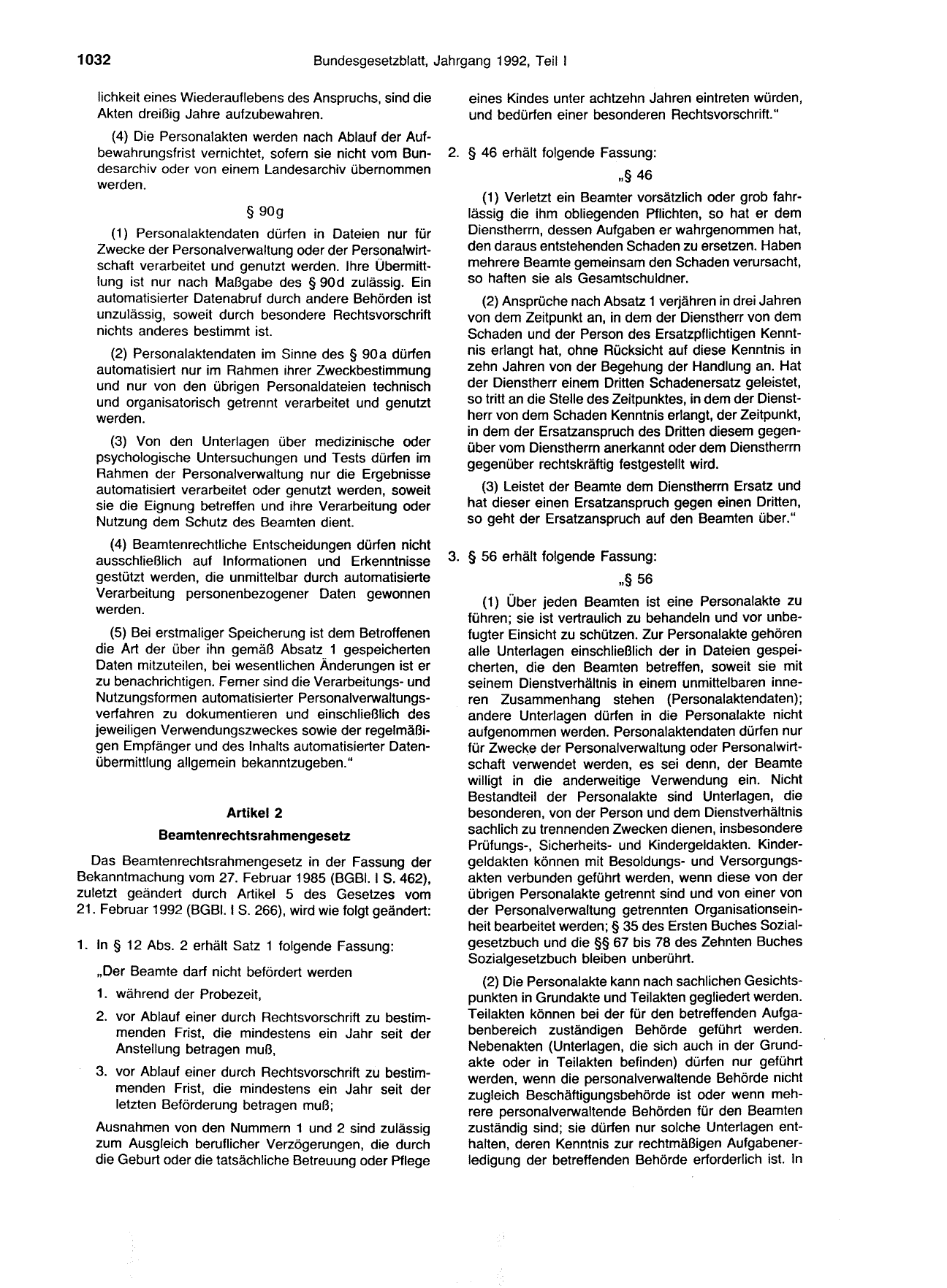 BGBl. 1992, Seite 1032 — Originalseite als Abbildung