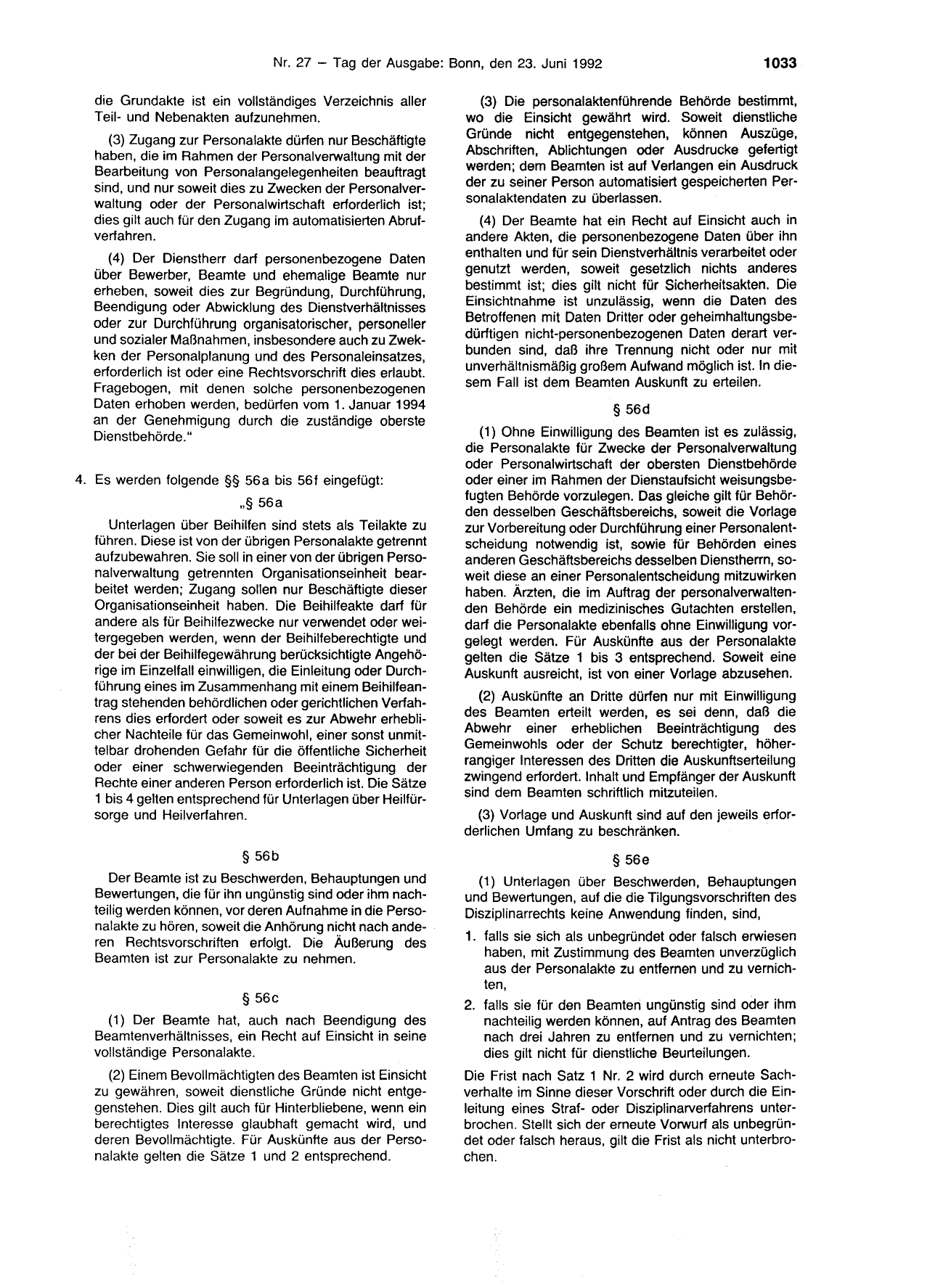 BGBl. 1992, Seite 1033 — Originalseite als Abbildung