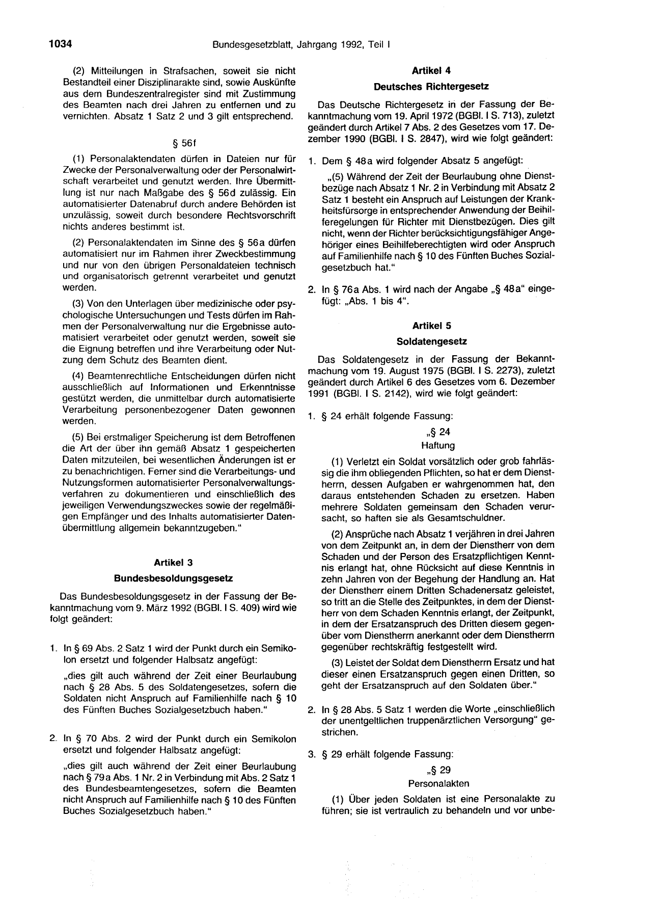 BGBl. 1992, Seite 1034 — Originalseite als Abbildung