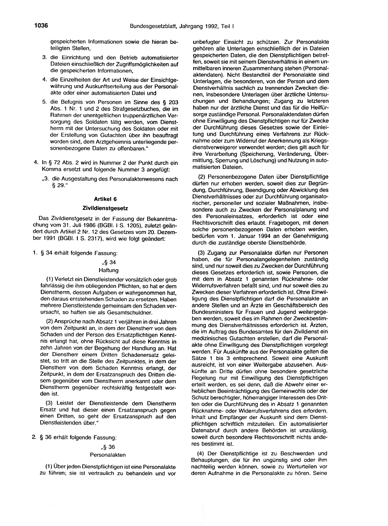 BGBl. 1992, Seite 1036 — Originalseite als Abbildung