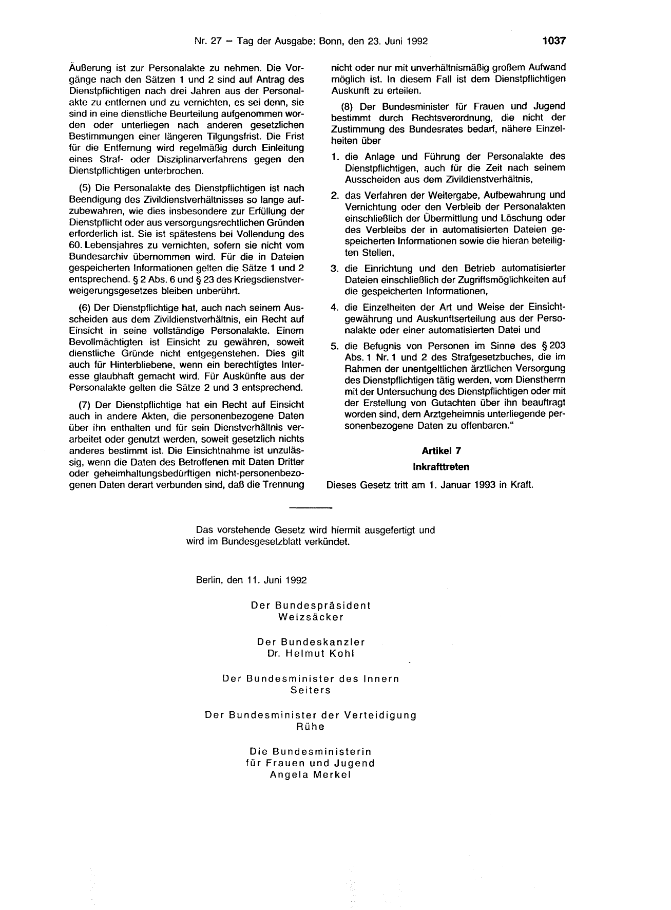 BGBl. 1992, Seite 1037 — Originalseite als Abbildung