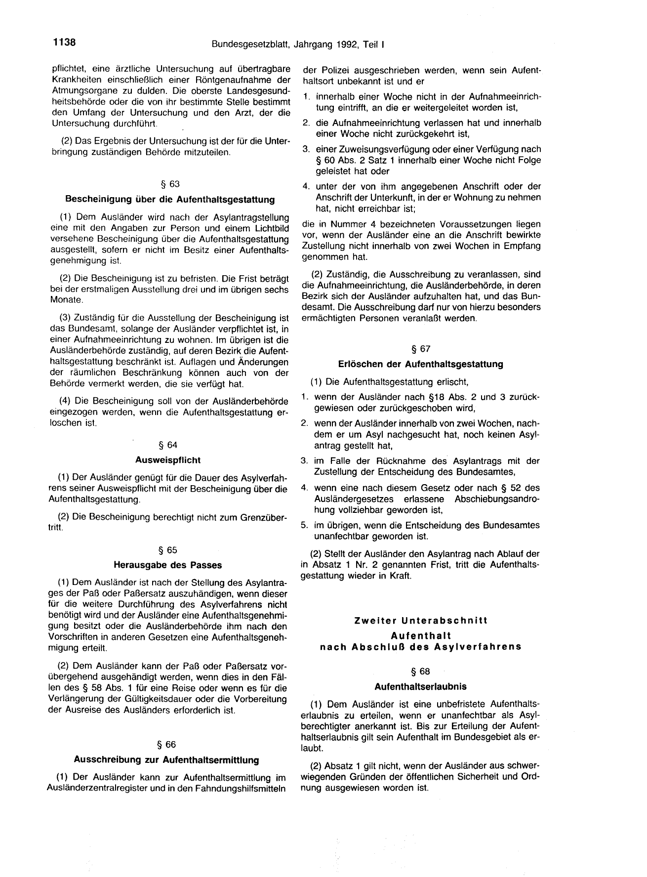 BGBl. 1992, Seite 1138 — Originalseite als Abbildung