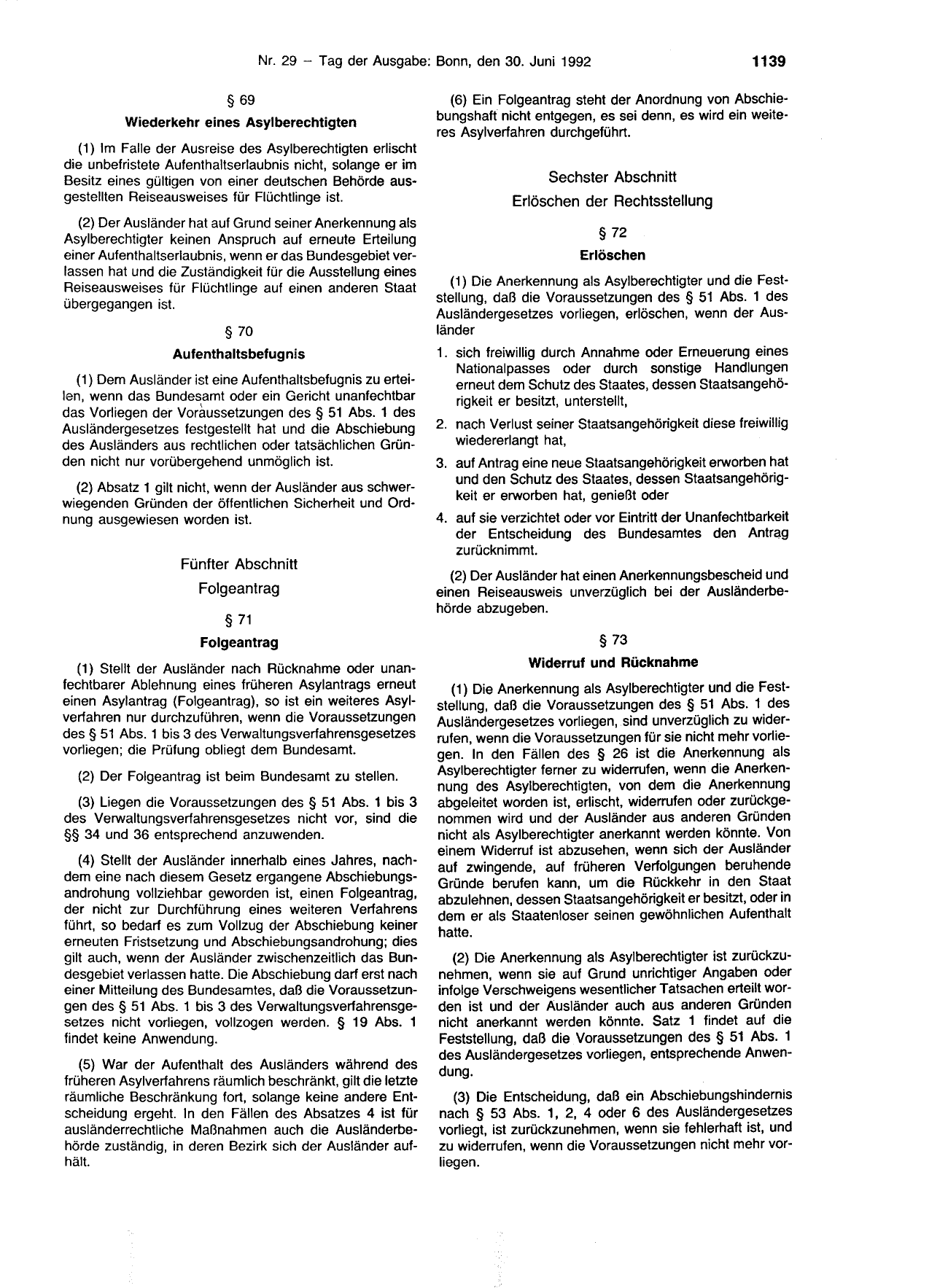 BGBl. 1992, Seite 1139 — Originalseite als Abbildung