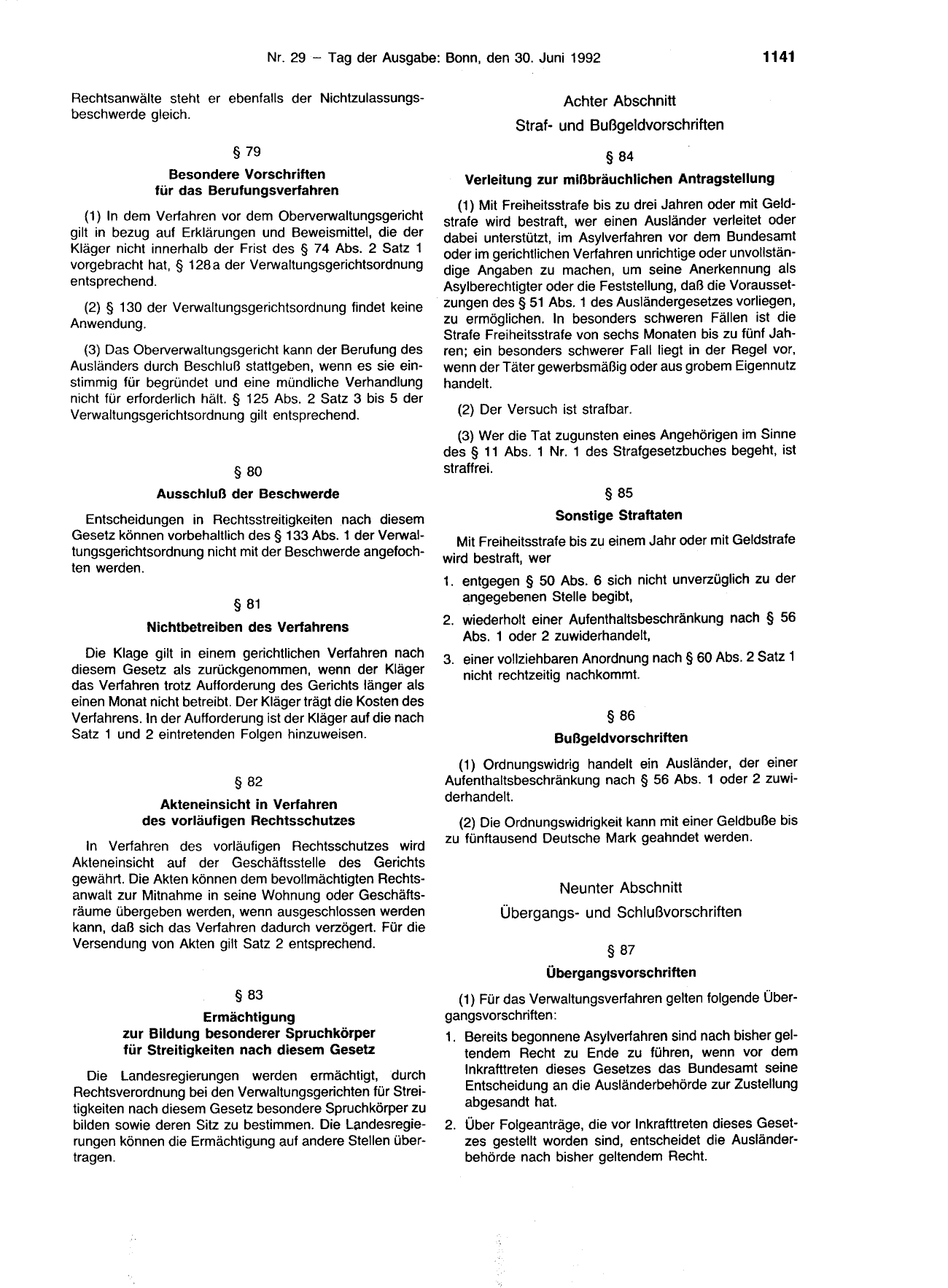 BGBl. 1992, Seite 1141 — Originalseite als Abbildung
