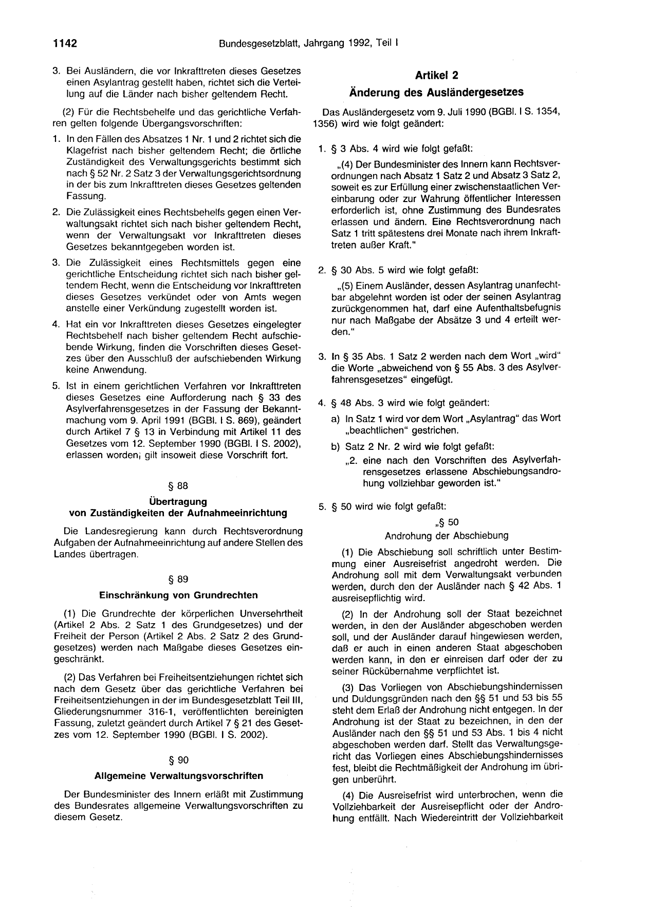 BGBl. 1992, Seite 1142 — Originalseite als Abbildung