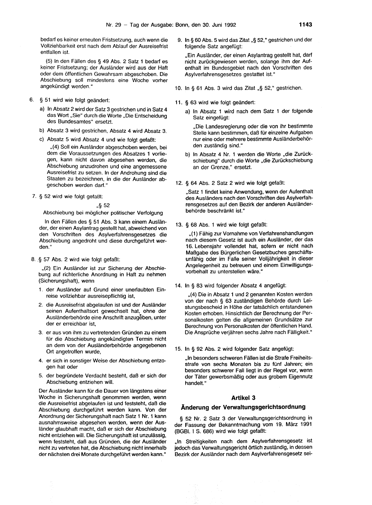 BGBl. 1992, Seite 1143 — Originalseite als Abbildung