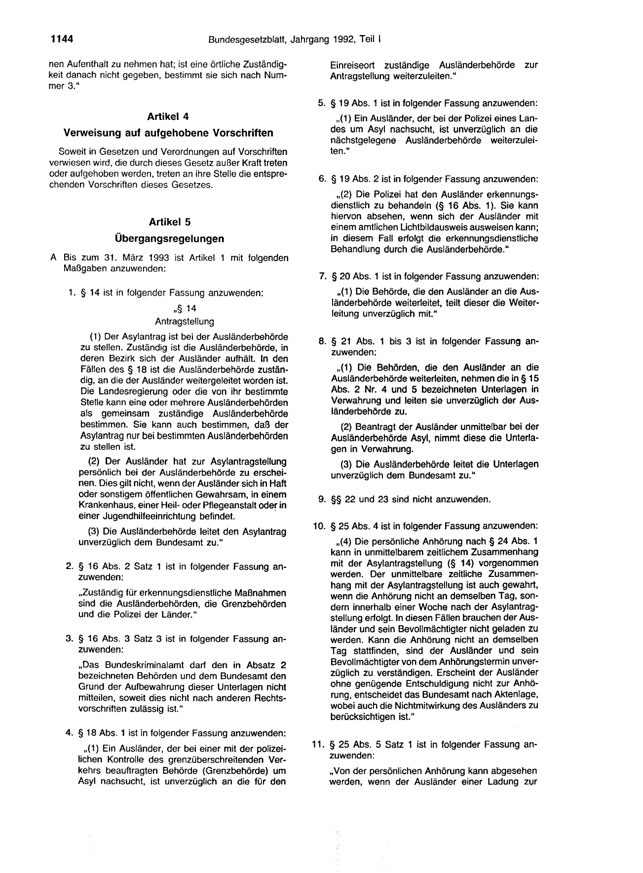 BGBl. 1992, Seite 1144 — Originalseite als Abbildung