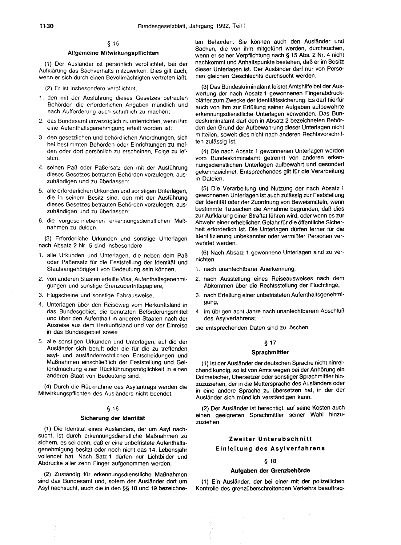 BGBl. 1992, Seite 1130 — Originalseite als Abbildung