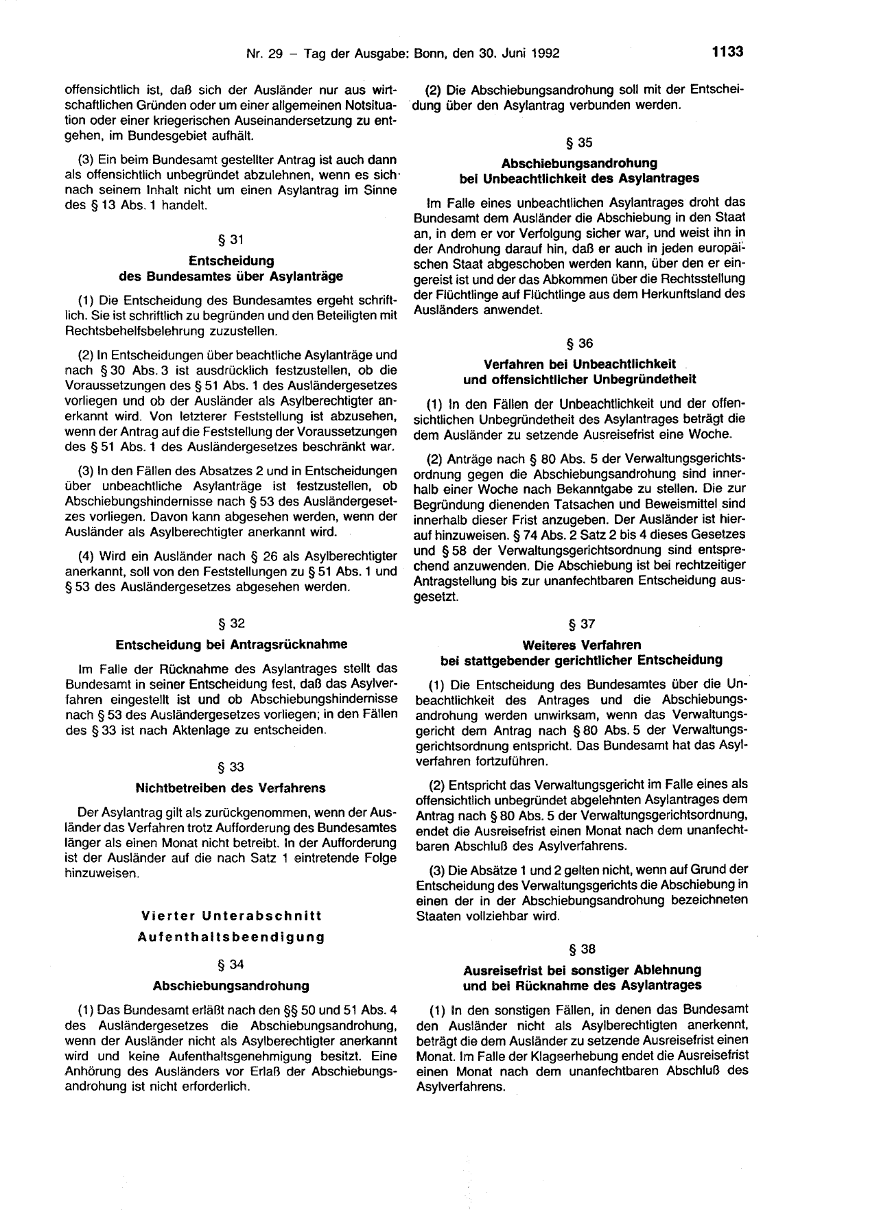 BGBl. 1992, Seite 1133 — Originalseite als Abbildung