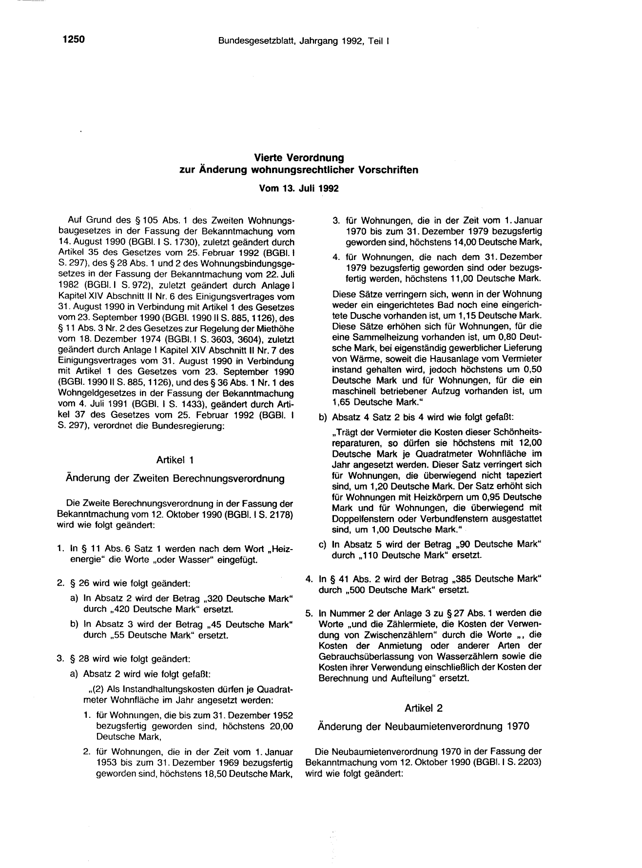 BGBl. 1992, Seite 1250 — Originalseite als Abbildung