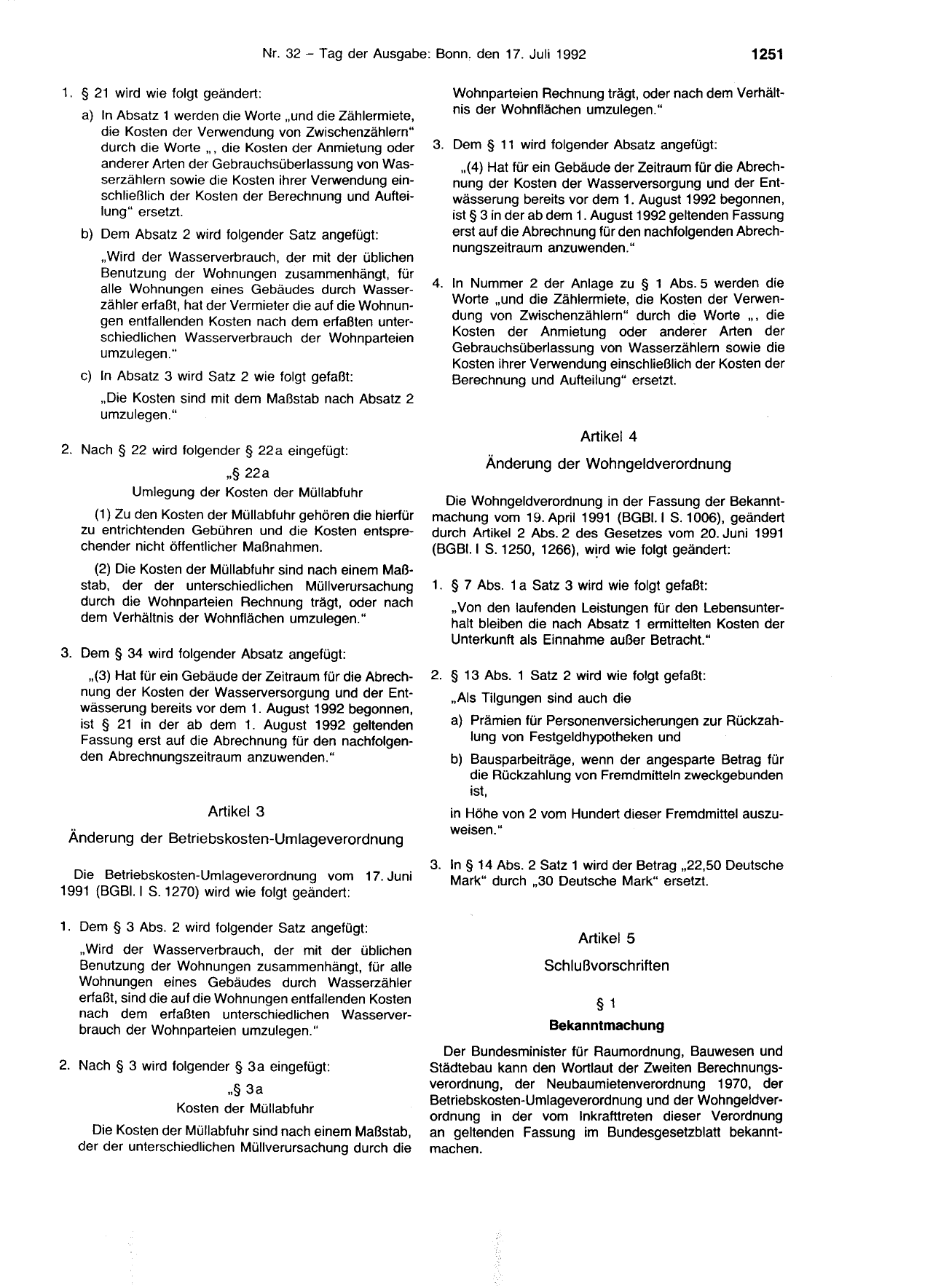 BGBl. 1992, Seite 1251 — Originalseite als Abbildung
