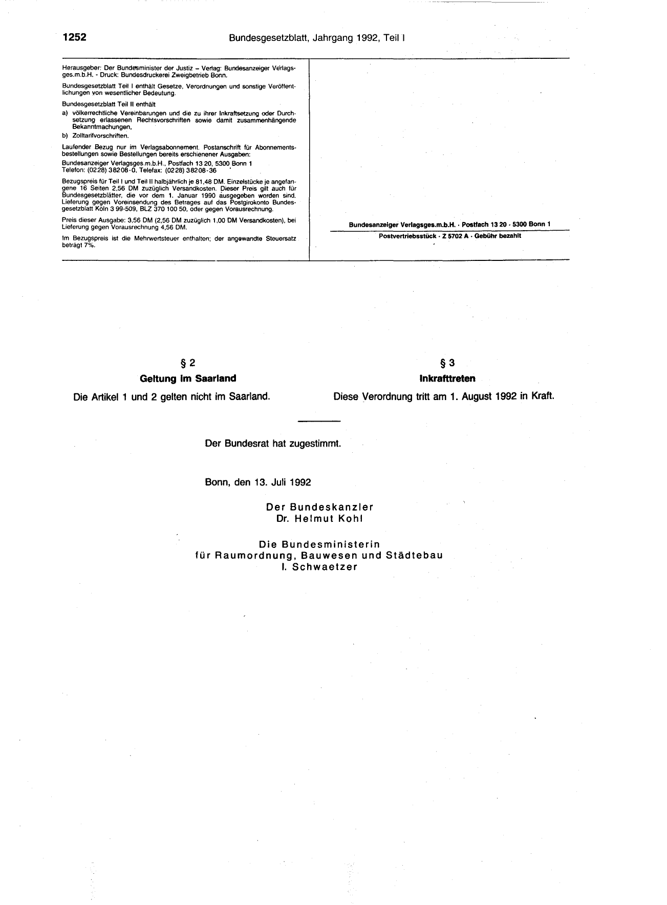 BGBl. 1992, Seite 1252 — Originalseite als Abbildung