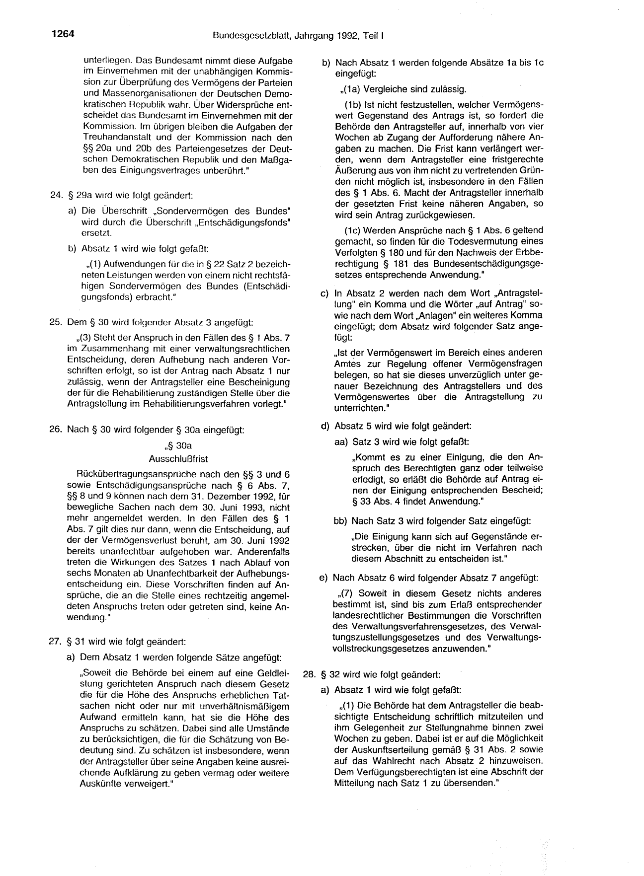 BGBl. 1992, Seite 1264 — Originalseite als Abbildung