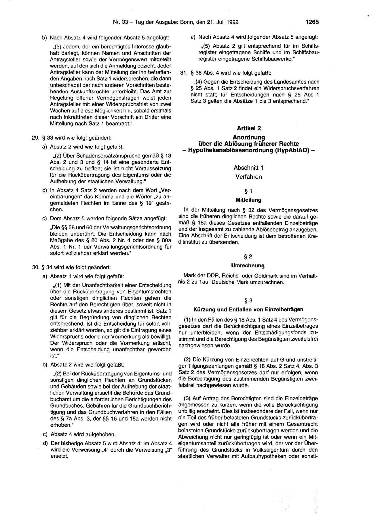 BGBl. 1992, Seite 1265 — Originalseite als Abbildung