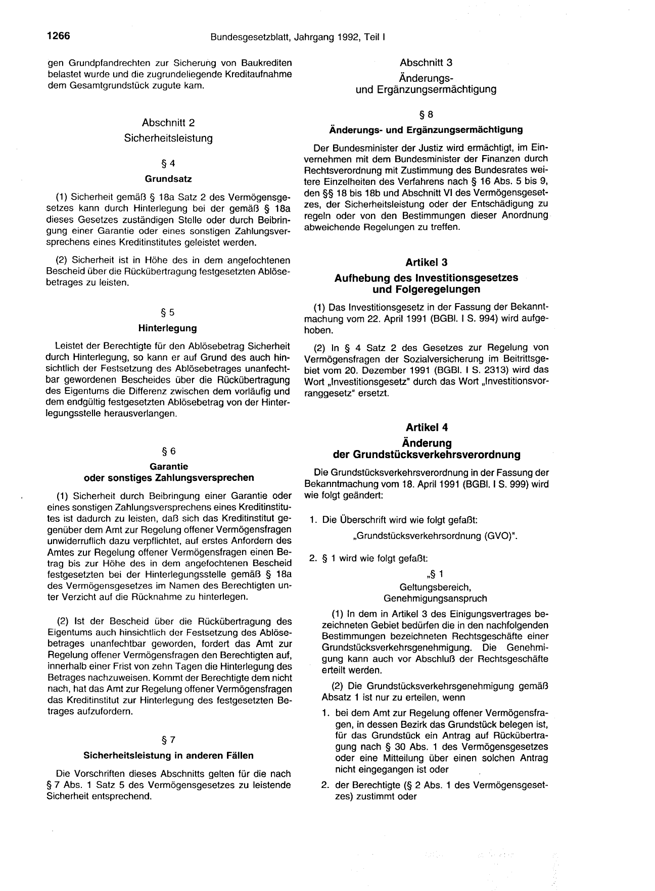 BGBl. 1992, Seite 1266 — Originalseite als Abbildung