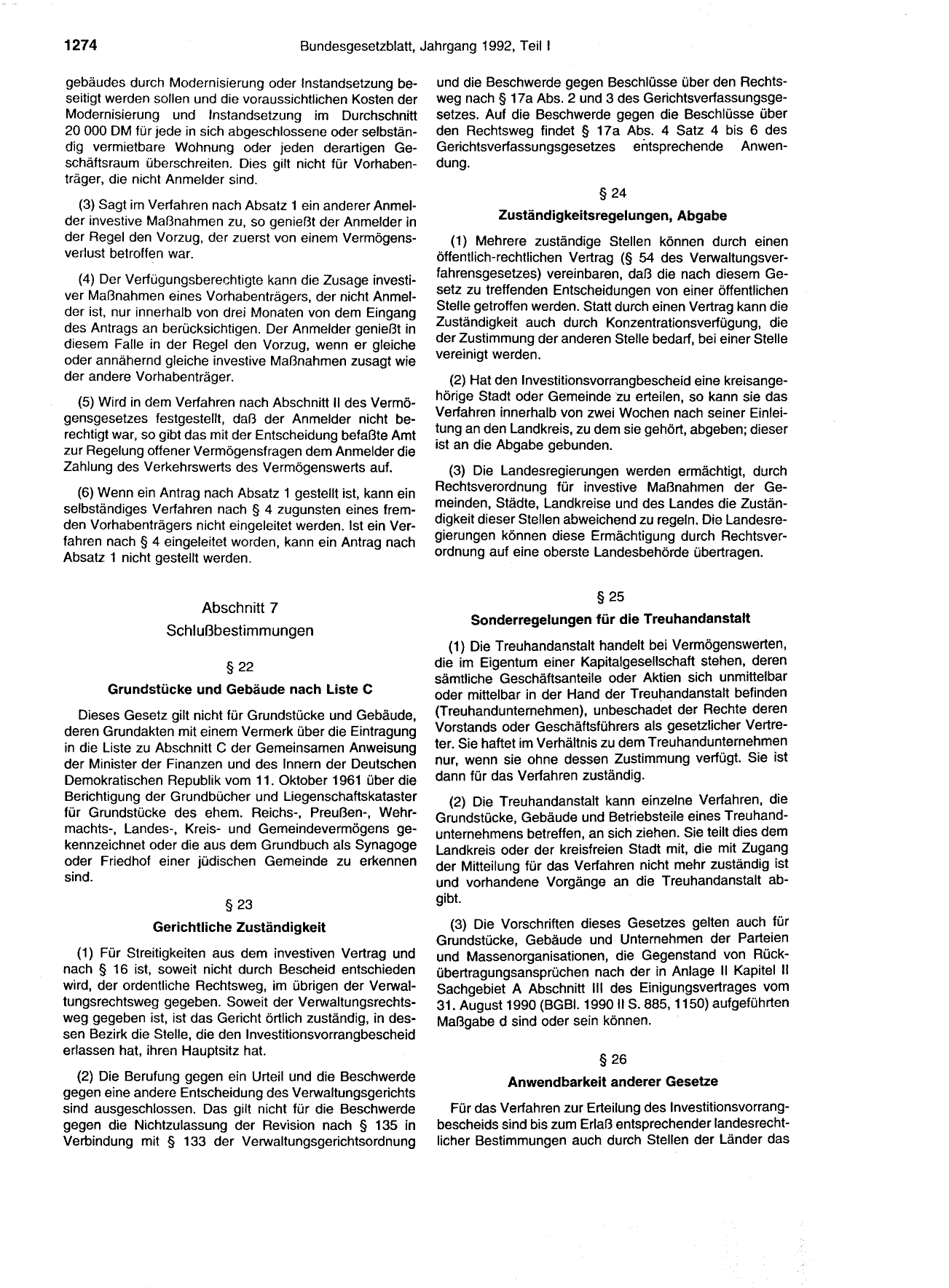 BGBl. 1992, Seite 1274 — Originalseite als Abbildung