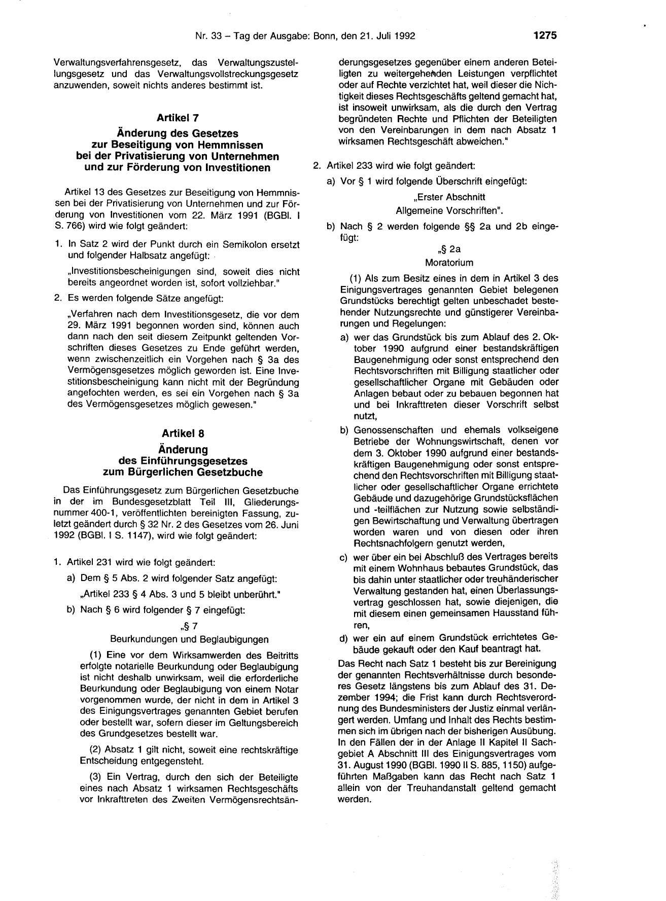 BGBl. 1992, Seite 1275 — Originalseite als Abbildung