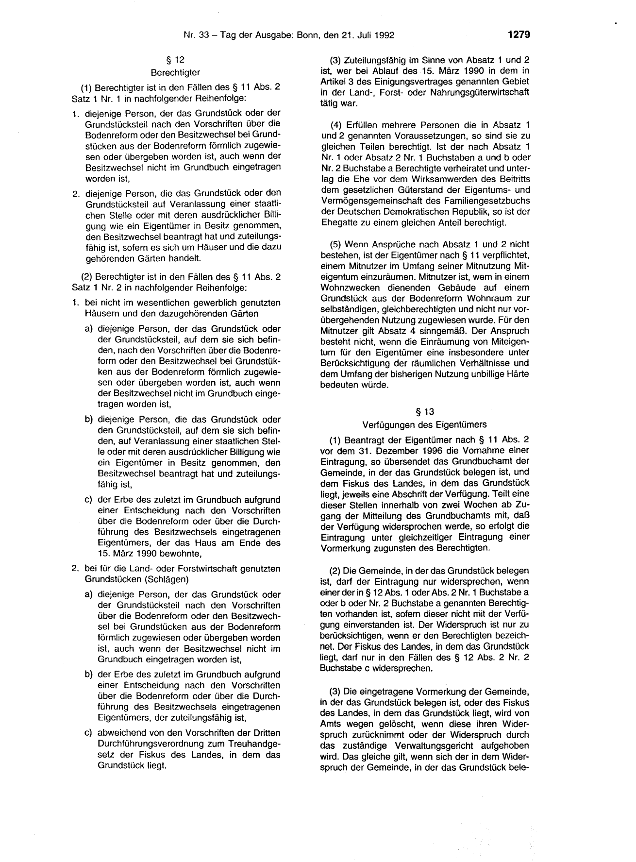 BGBl. 1992, Seite 1279 — Originalseite als Abbildung