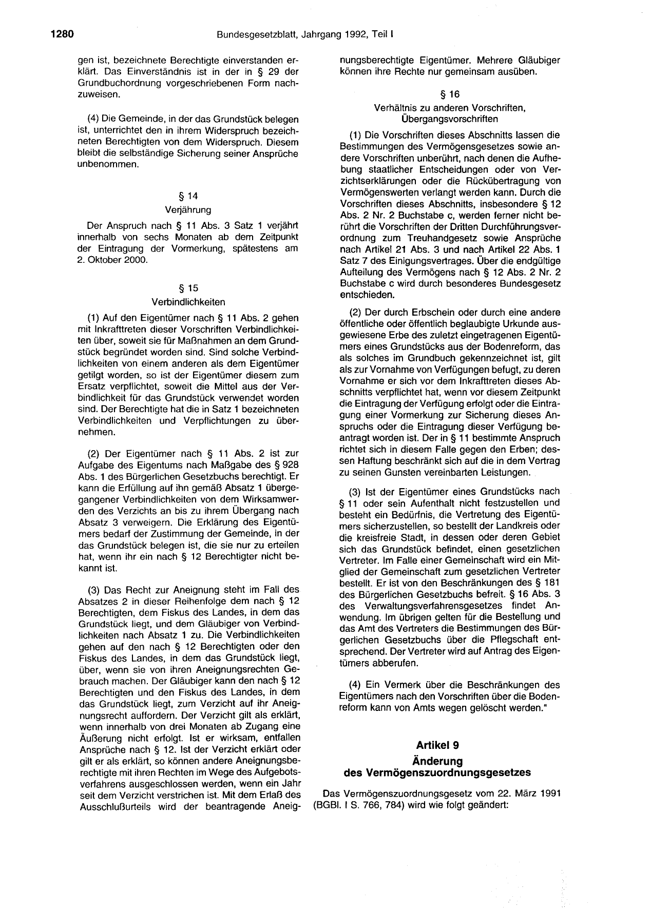 BGBl. 1992, Seite 1280 — Originalseite als Abbildung