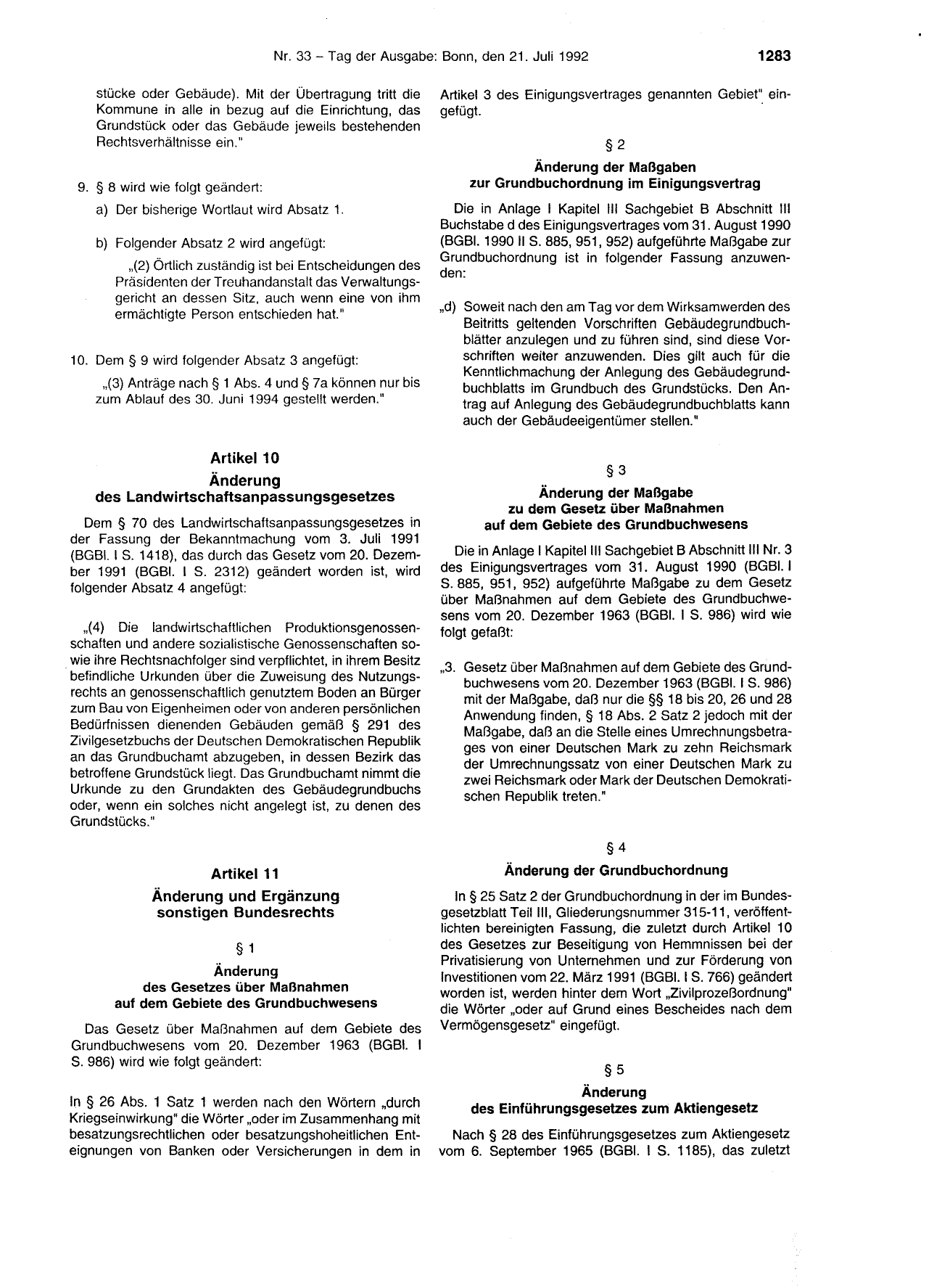 BGBl. 1992, Seite 1283 — Originalseite als Abbildung