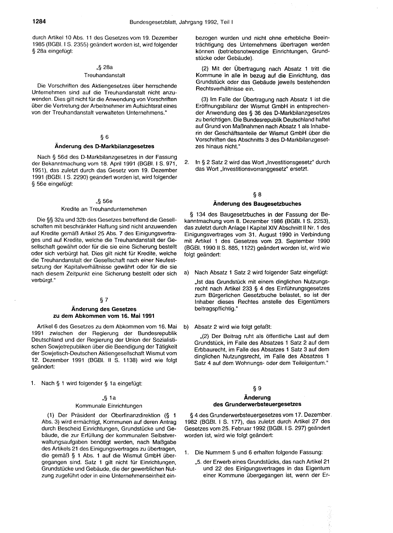 BGBl. 1992, Seite 1284 — Originalseite als Abbildung