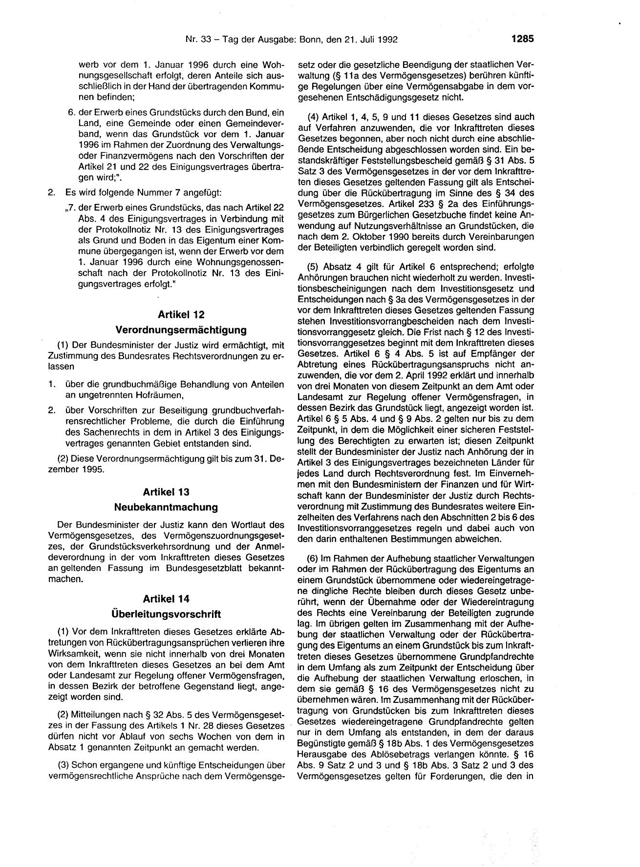 BGBl. 1992, Seite 1285 — Originalseite als Abbildung