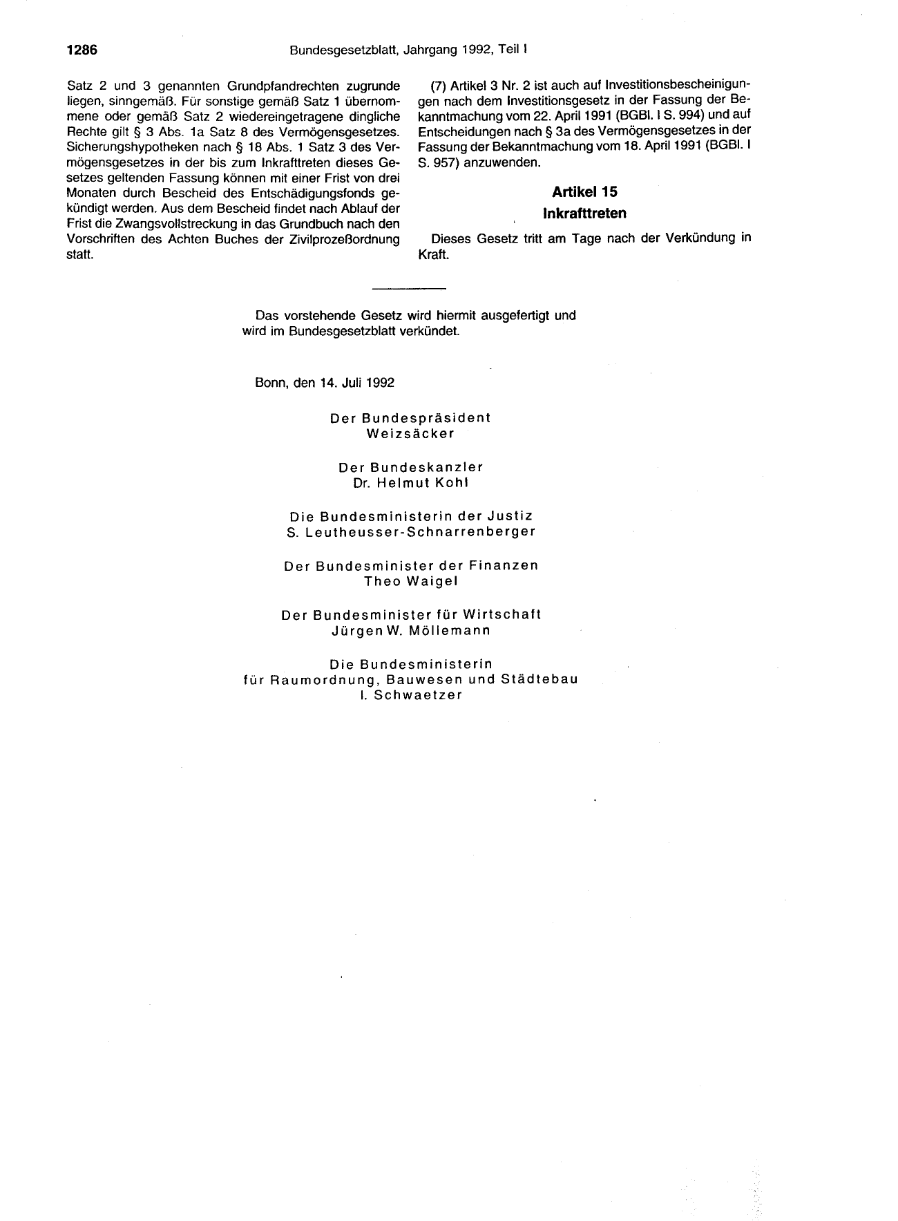 BGBl. 1992, Seite 1286 — Originalseite als Abbildung