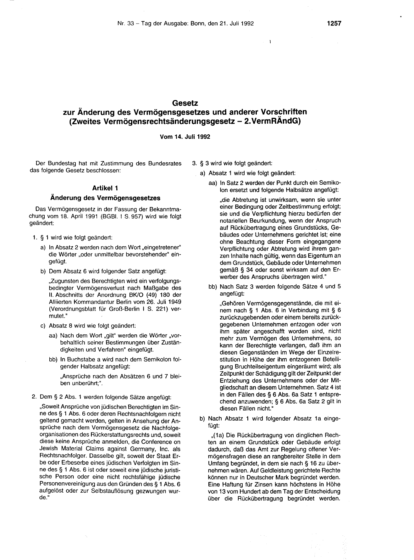 BGBl. 1992, Seite 1257 — Originalseite als Abbildung
